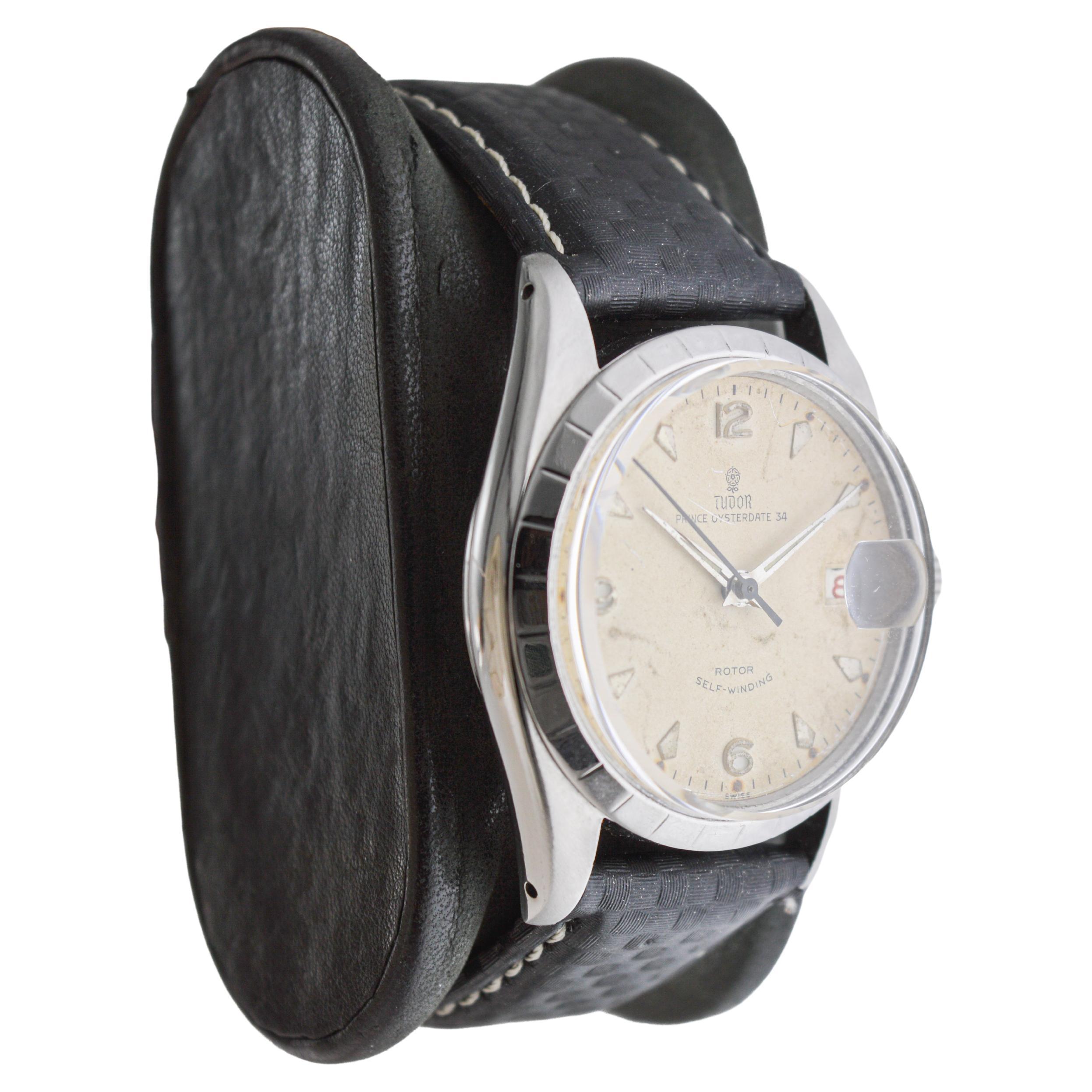 FACTORY / HOUSE: Tudor Watch Company
STYLE / REFERENCE: Prince Oysterdate 34 / Reference 7944
METAL / MATERIAL: Stainless Steel
CIRCA / YEAR: 1950's
DIMENSIONS / SIZE: Length 42mm X Diameter 35mm
MOVEMENT / CALIBER: Self Winding / 17 Jewels /