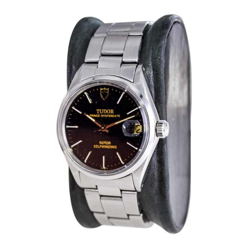 Modernist Tudor Steel with Original Black Dial Automatic Oysterdate from 1960's Mid-Size For Sale