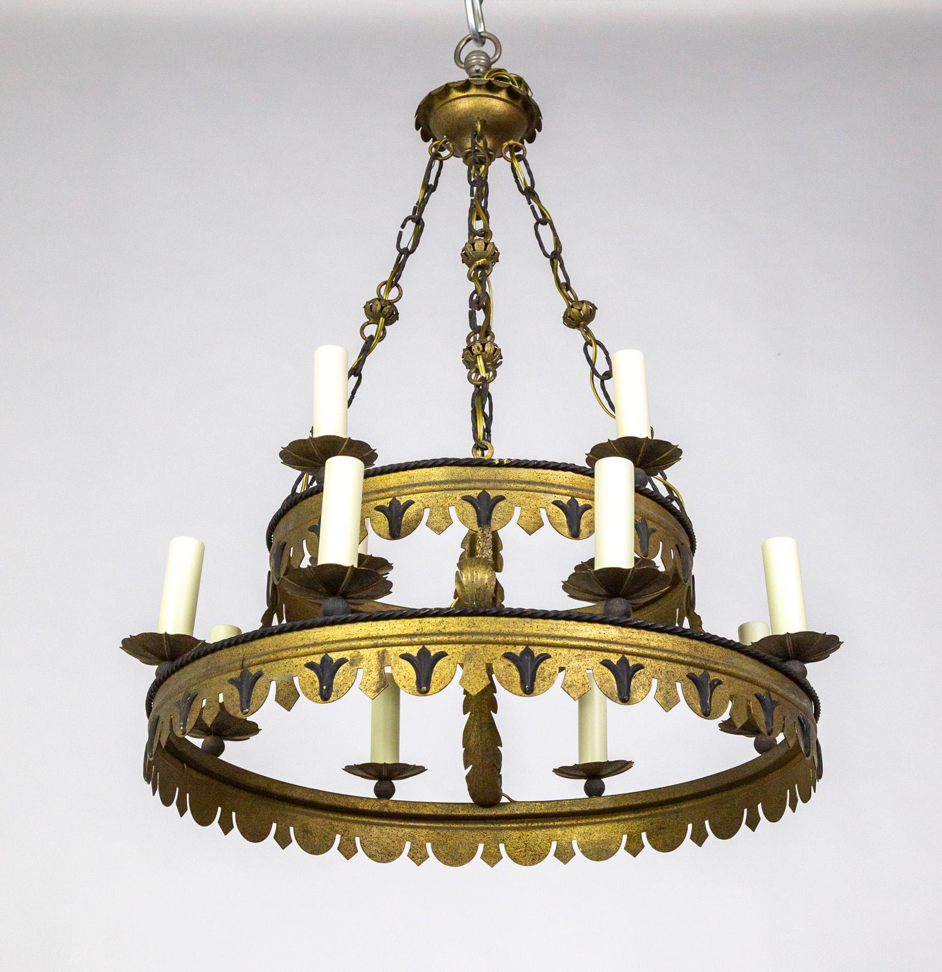 Tudor Style 2-Tier Tole Ring Chandelier In Good Condition For Sale In San Francisco, CA