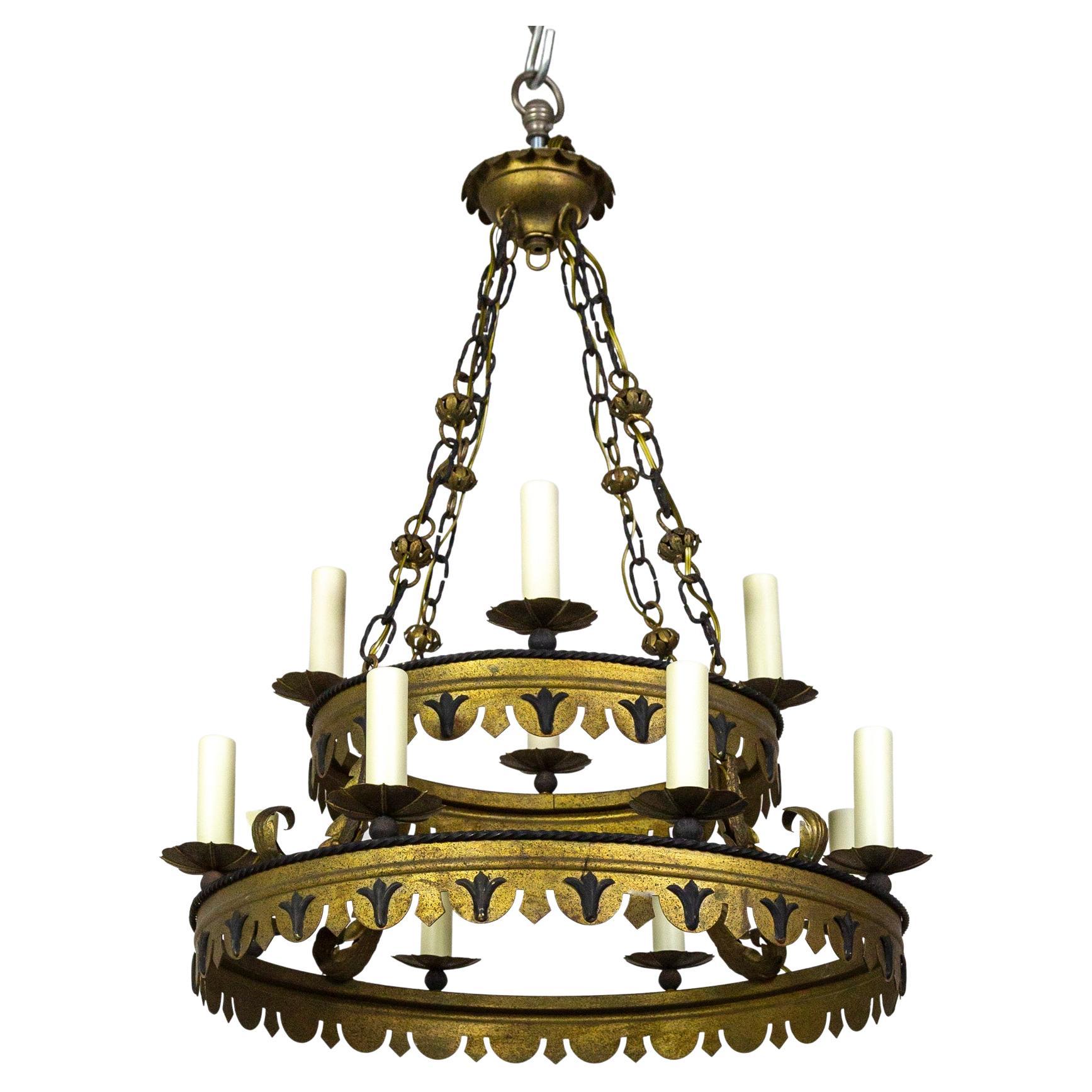 Tudor Style 2-Tier Tole Ring Chandelier For Sale