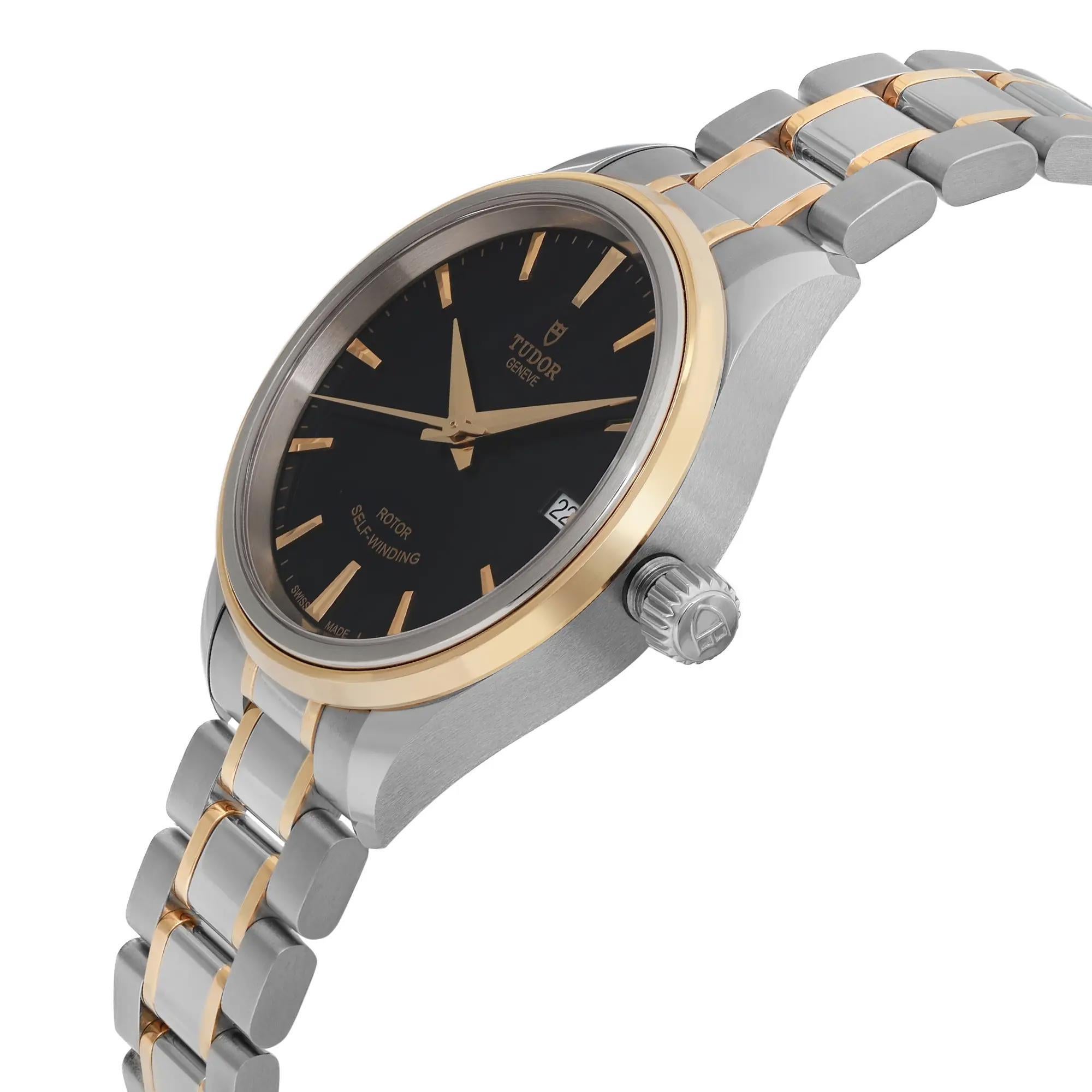 Tudor Style 28 18k Yellow Gold Steel Black Stick Dial Ladies Watch 12103-0003 In New Condition For Sale In New York, NY