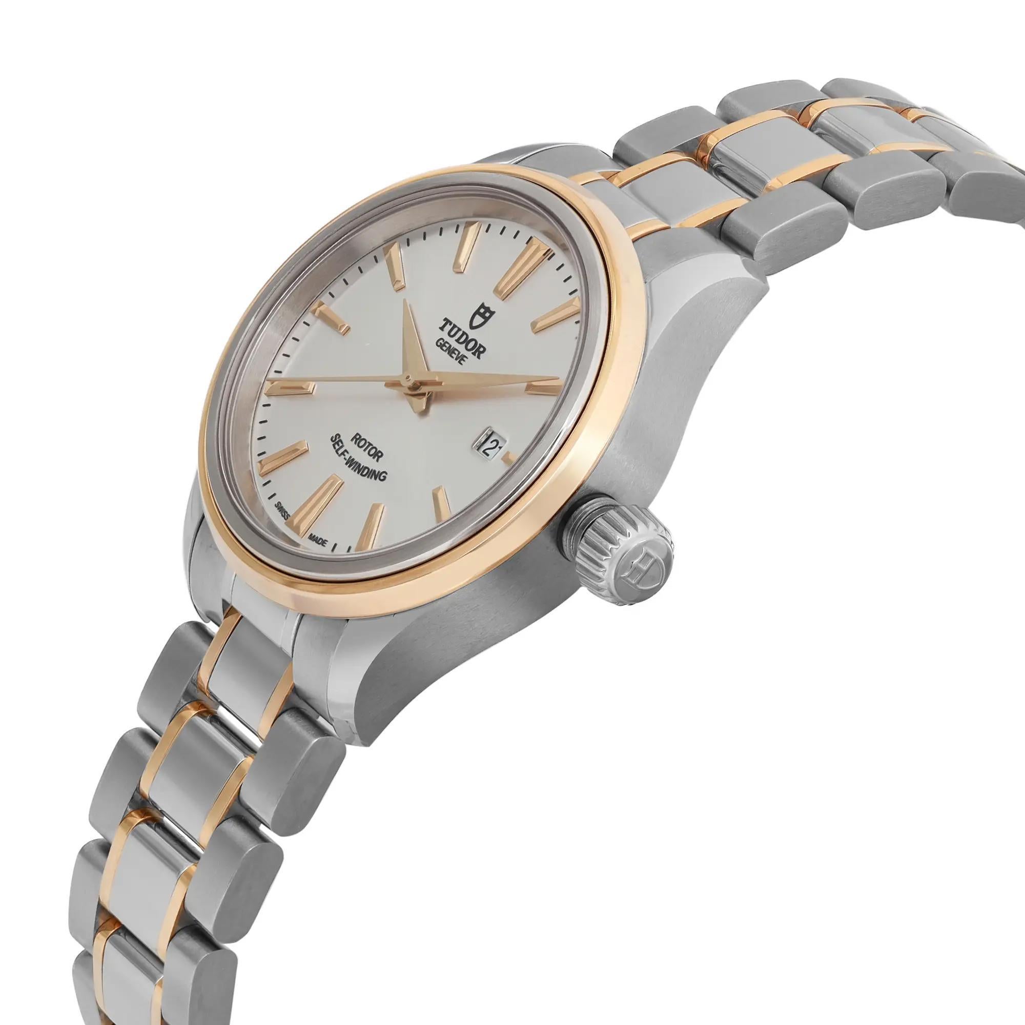 Tudor Style 28 18k Yellow Gold Steel Silver Dial Ladies Watch 12103-0002 In New Condition For Sale In New York, NY