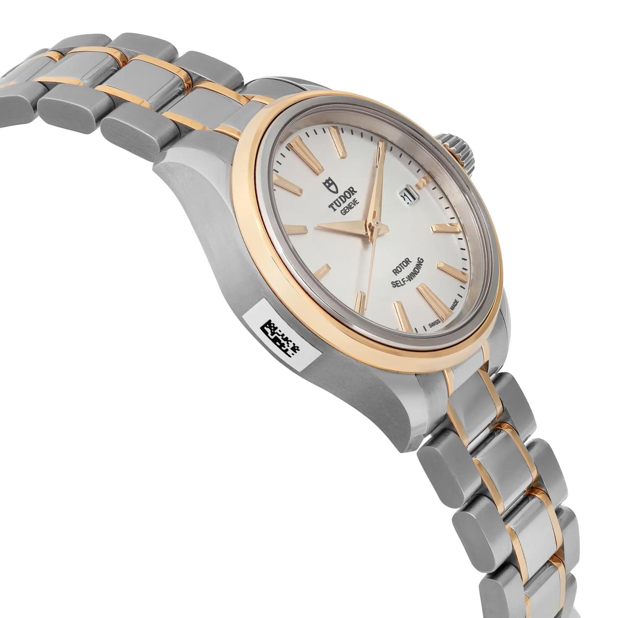 Women's Tudor Style 28 18k Yellow Gold Steel Silver Dial Ladies Watch 12103-0002 For Sale