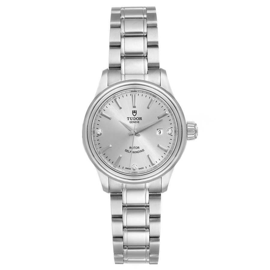 Tudor Style 28mm Silver Diamond Dial Steel Ladies Watch M12100 Unworn. Automatic self-winding movement. Stainless steel round case 28.0 mm in diameter. Tudor logo on a crown. Stainless steel bezel. Scratch resistant sapphire crystal. Silver dial