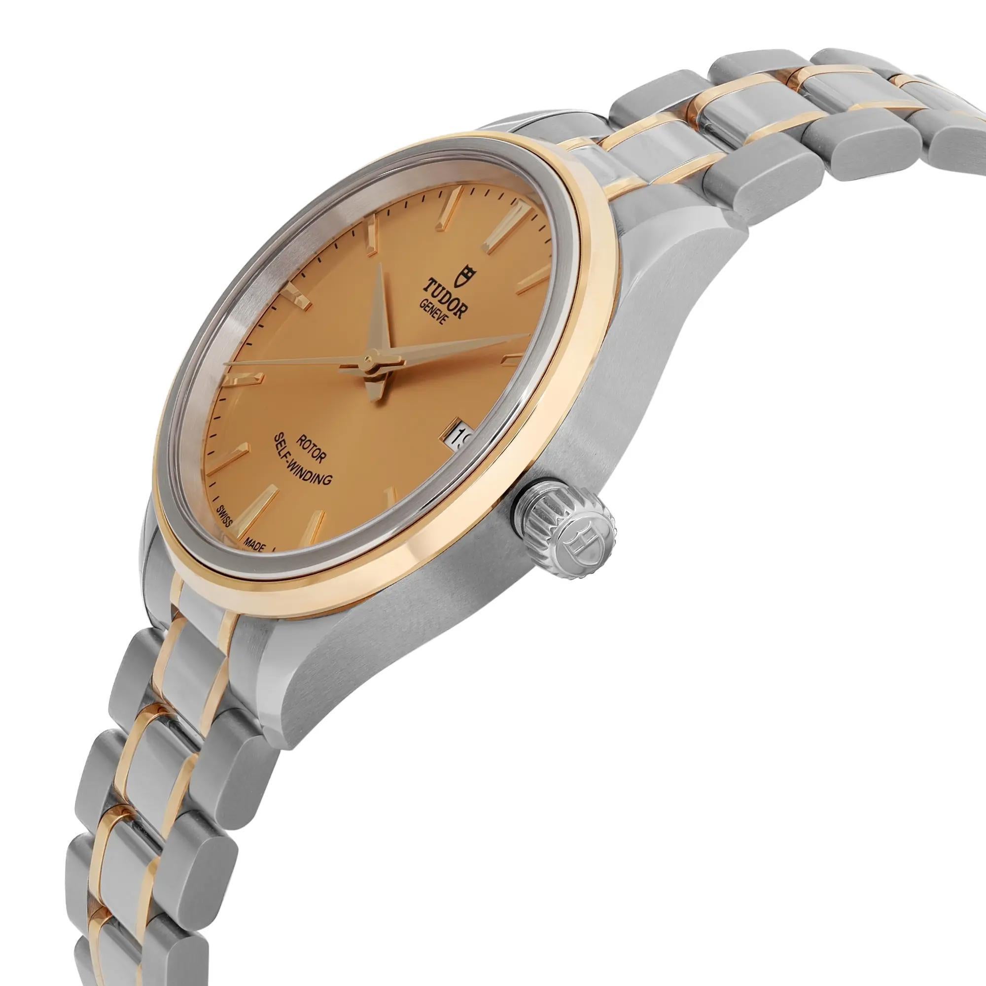 Tudor Style 34mm 18K Yellow Gold Steel Champagne Dial Ladies Watch 12303-0001 In New Condition For Sale In New York, NY