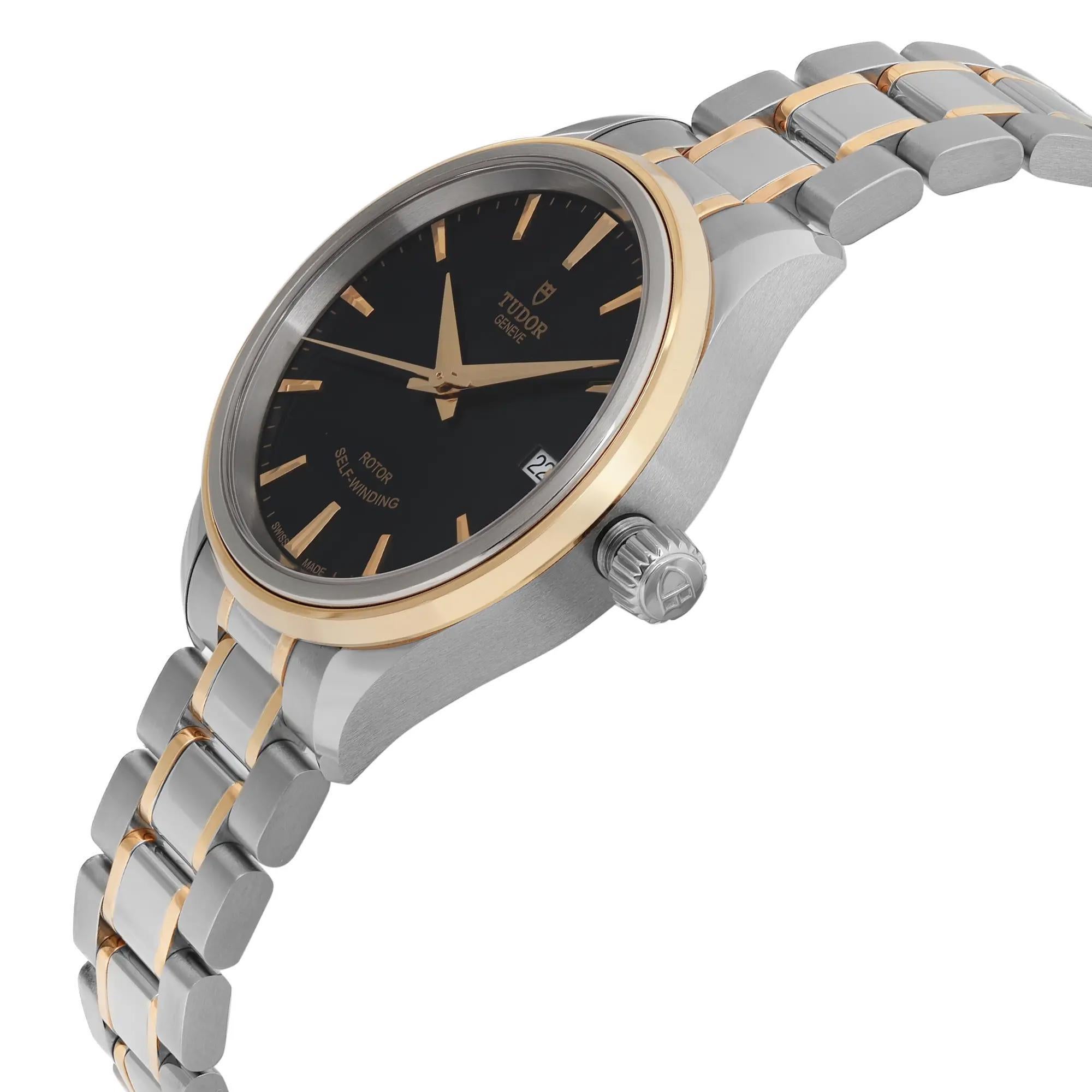 Tudor Style 34mm Gold Steel Black Dial Ladies Automatic Ladies Watch 12303-0003 In New Condition For Sale In New York, NY