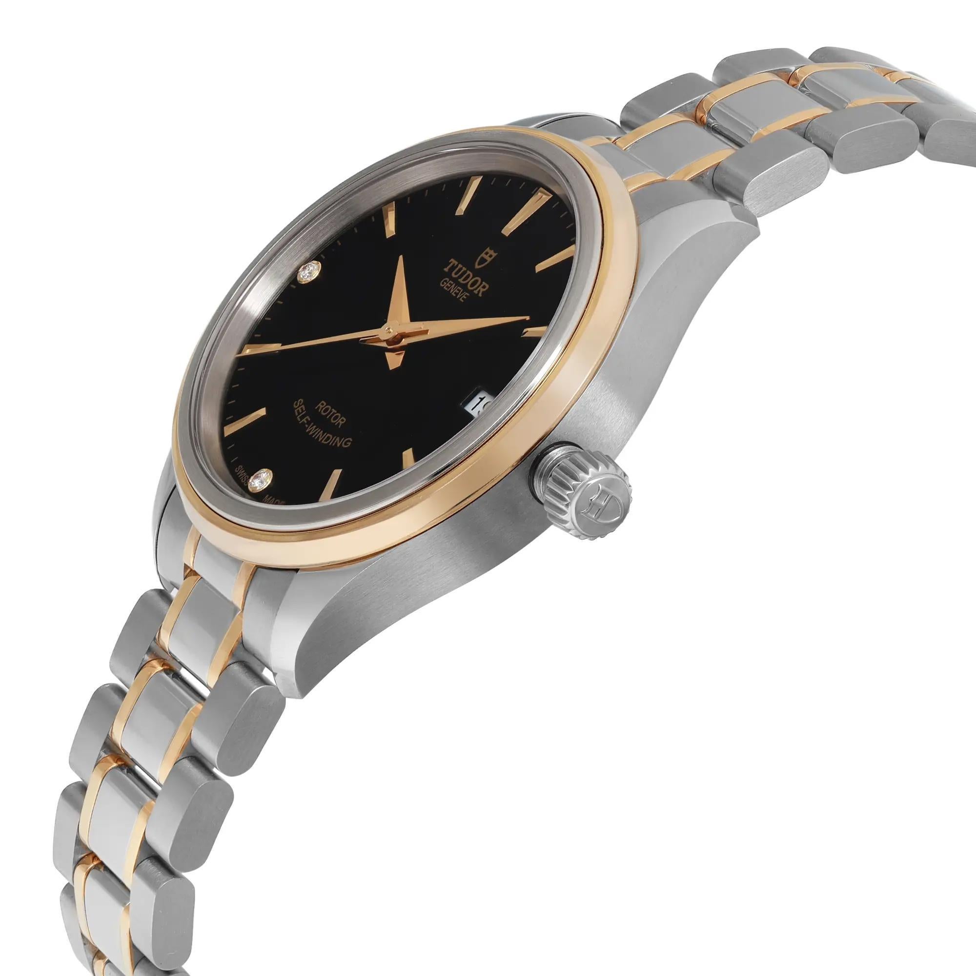 Tudor Style 34mm Gold Steel Black Dial Ladies Automatic Ladies Watch 12303-0006 In New Condition In New York, NY