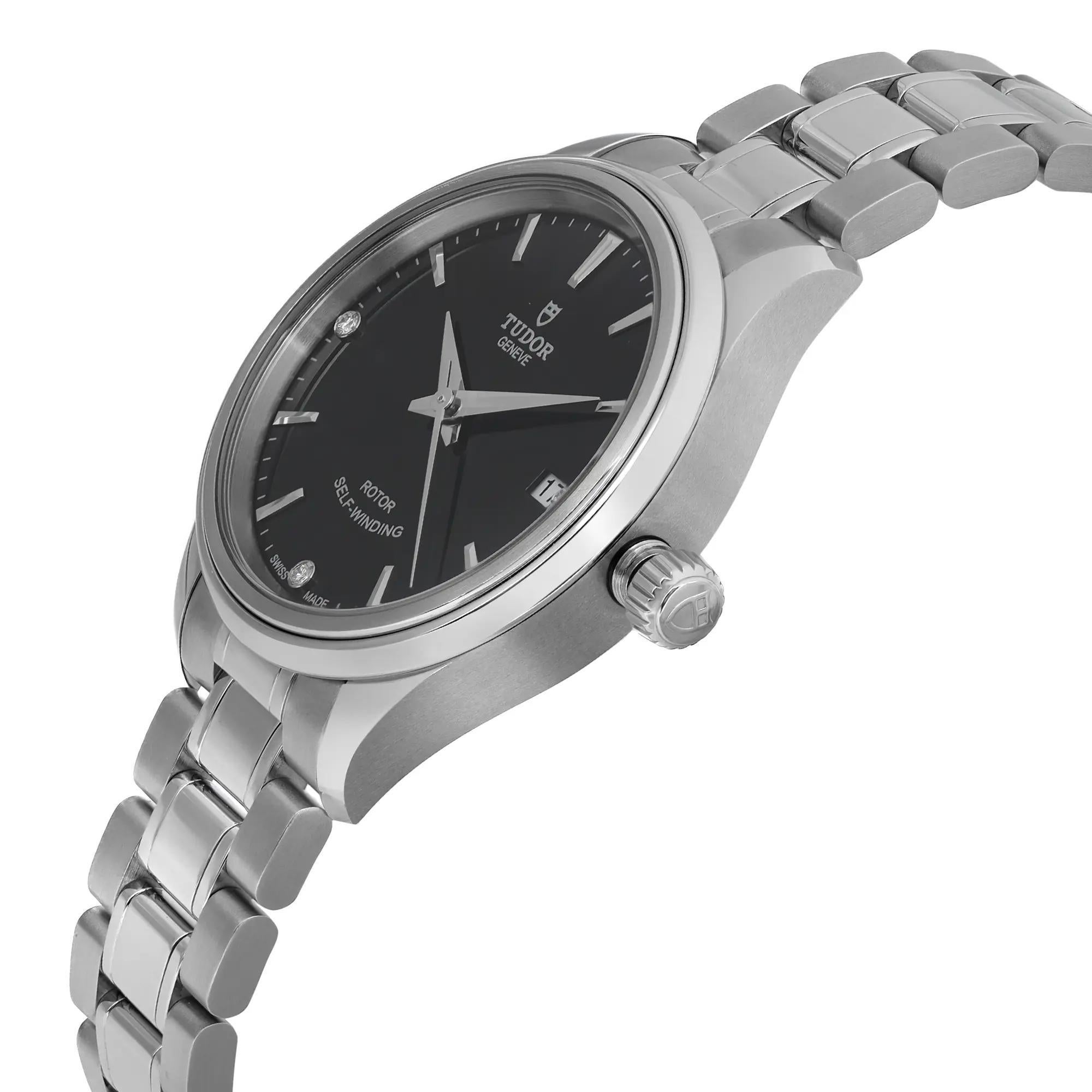 Tudor Style 34mm Stainless Steel Diamond Black Dial ladies Watch 12300-0004 In New Condition For Sale In New York, NY