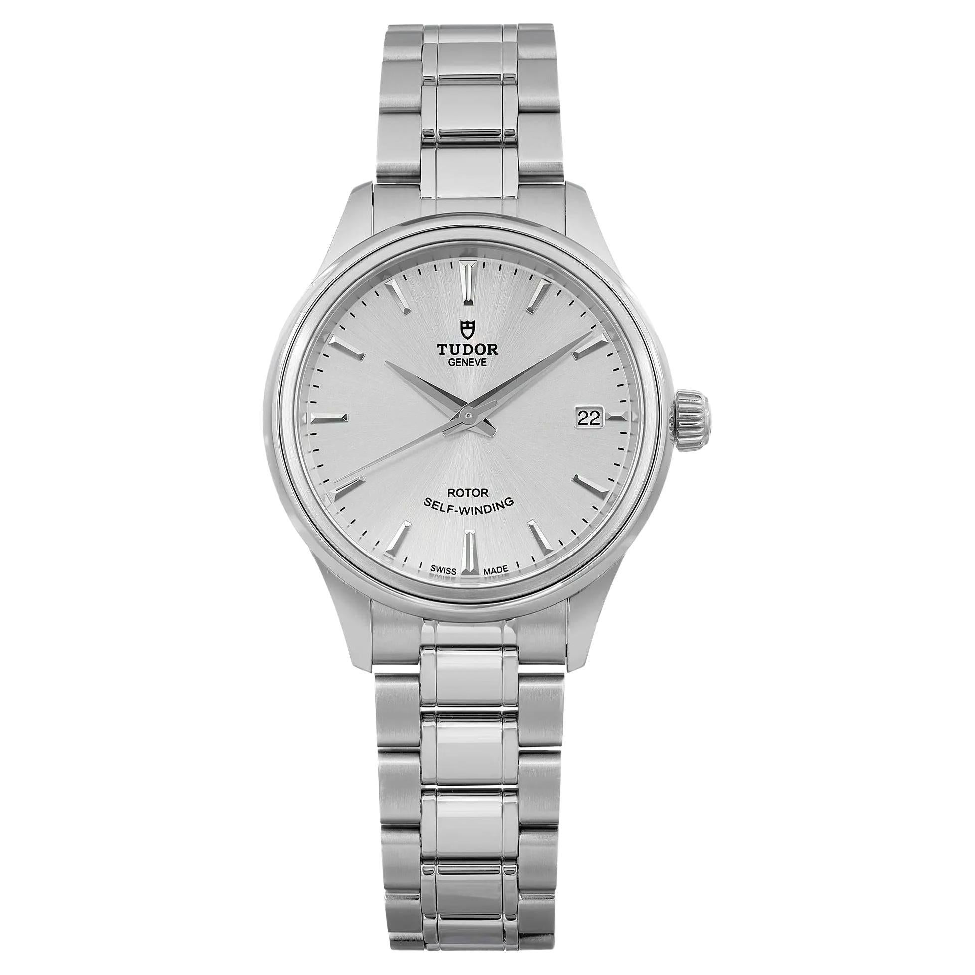 Montre pour femmes de style Tudor 34 mm en acier inoxydable, avec cadran en argent et diamants 12300