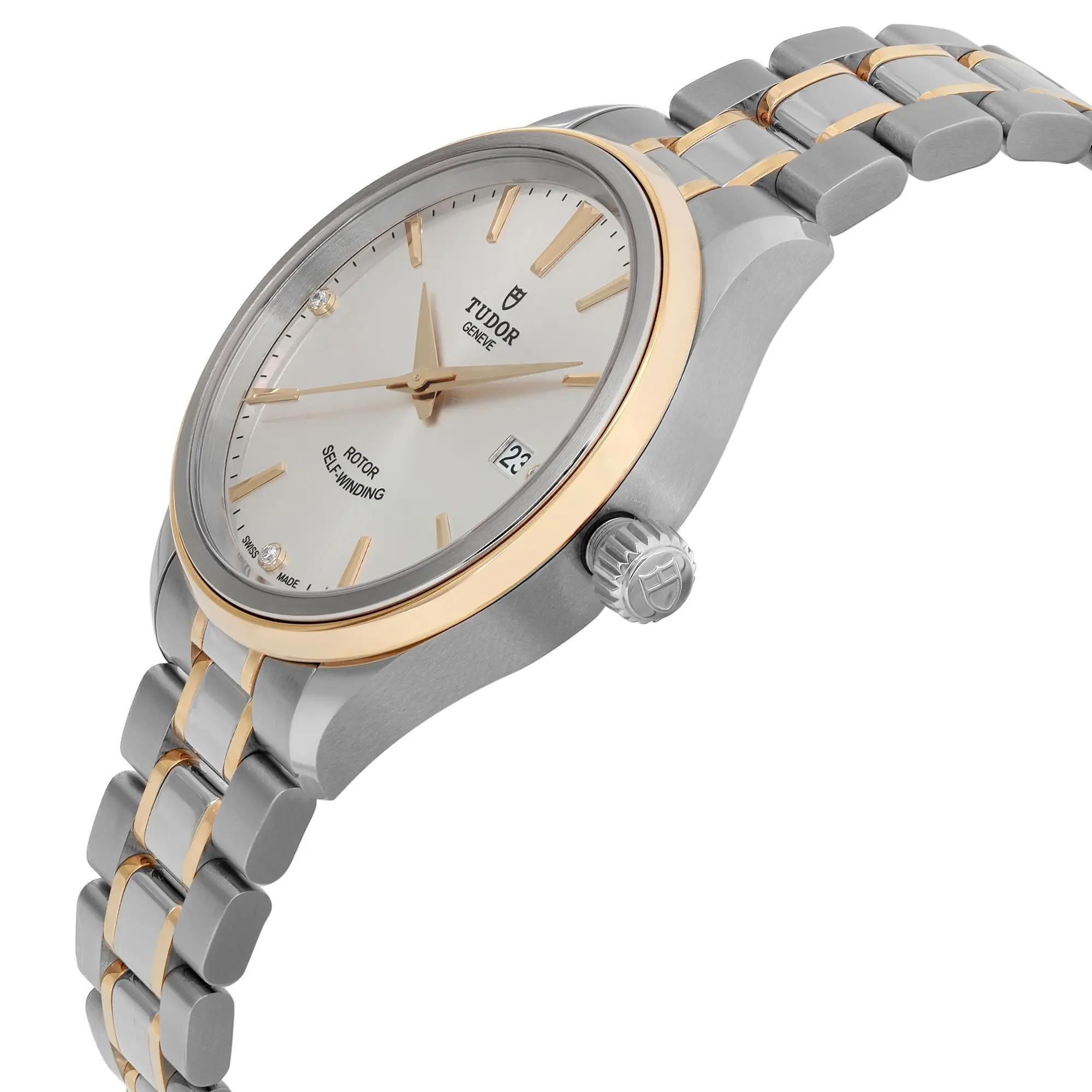 Tudor Style 38mm Gold Steel Silver Diamond Dial Men Automatic Watch 12503-0005 In New Condition For Sale In New York, NY