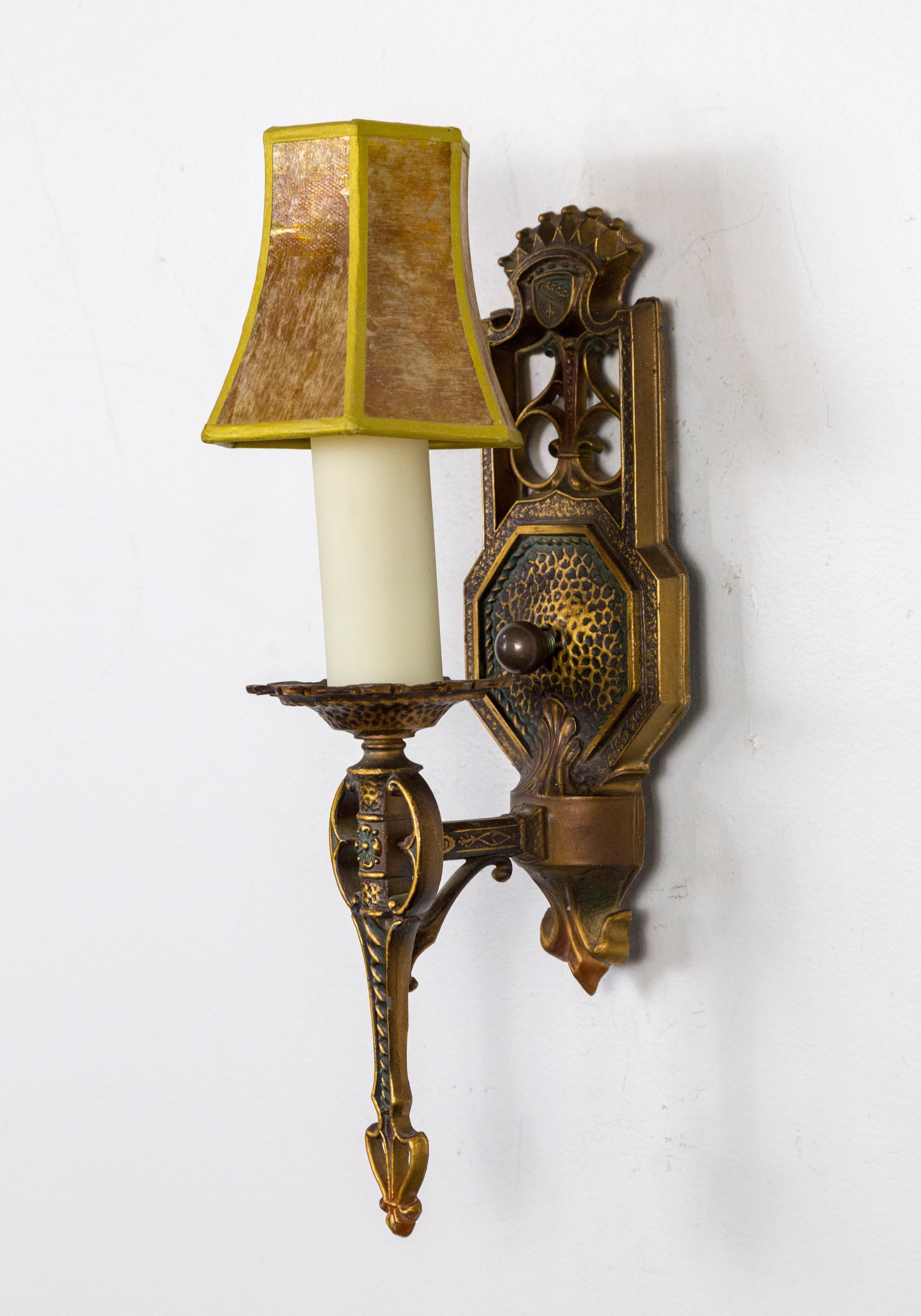 Tudor Style Art Kast Sconces w/ Mica Shades (Pair) In Good Condition In San Francisco, CA