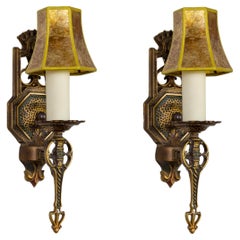 Antique Tudor Style Art Kast Sconces w/ Mica Shades (Pair)