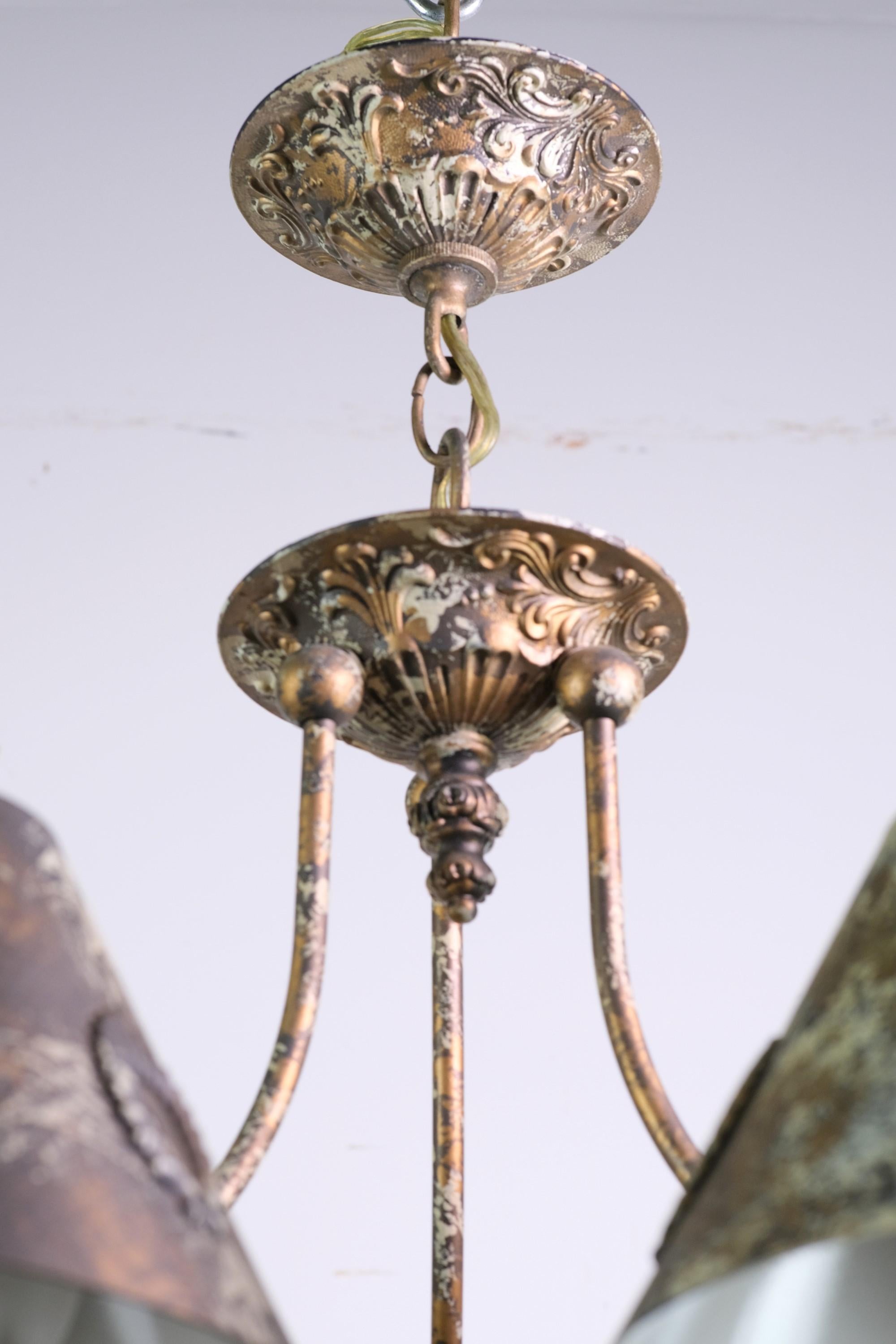 American Tudor Style Bronze Chandelier w Shades 6 Arms 18 Lights
