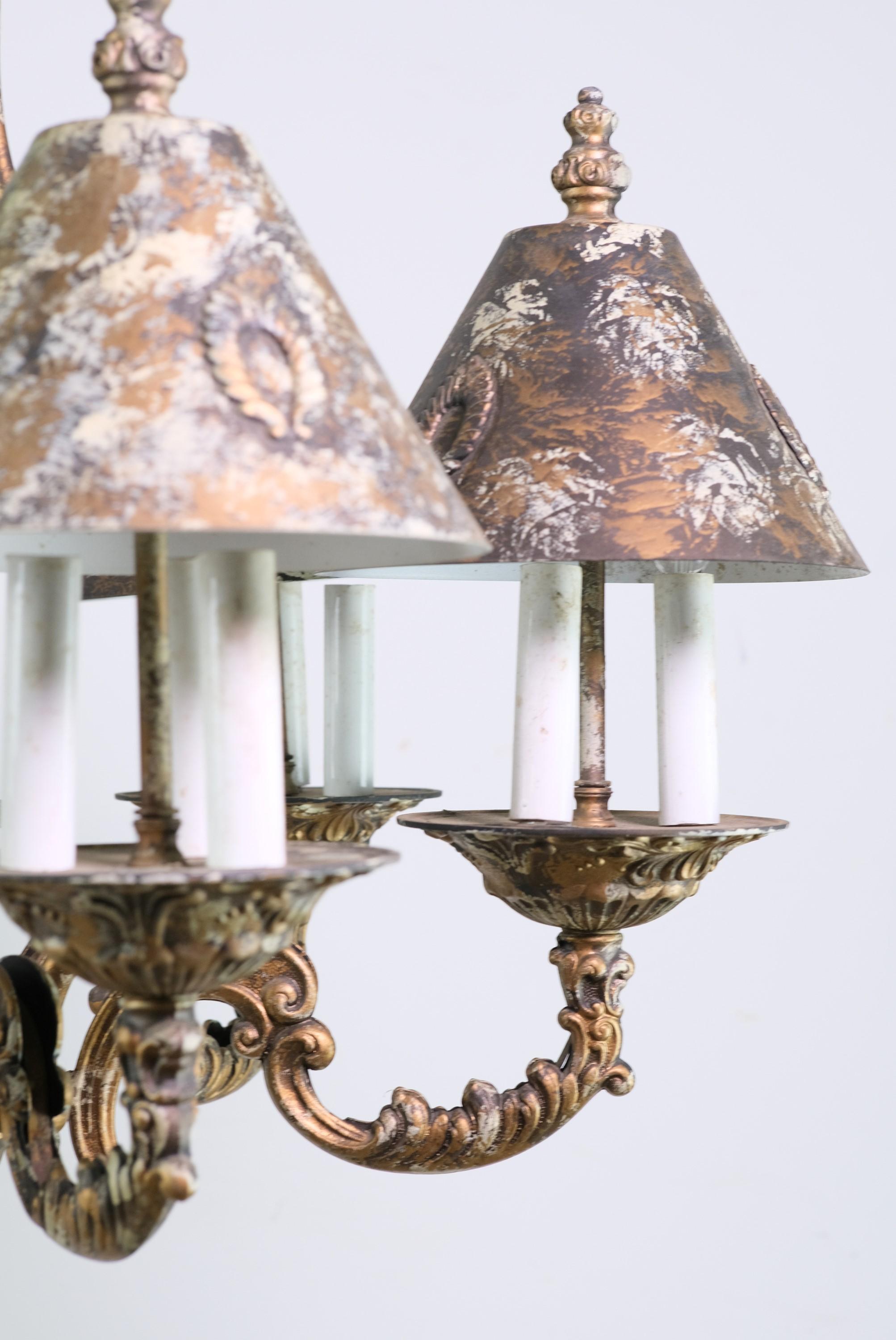 Tudor Style Bronze Chandelier w Shades 6 Arms 18 Lights In Good Condition In New York, NY