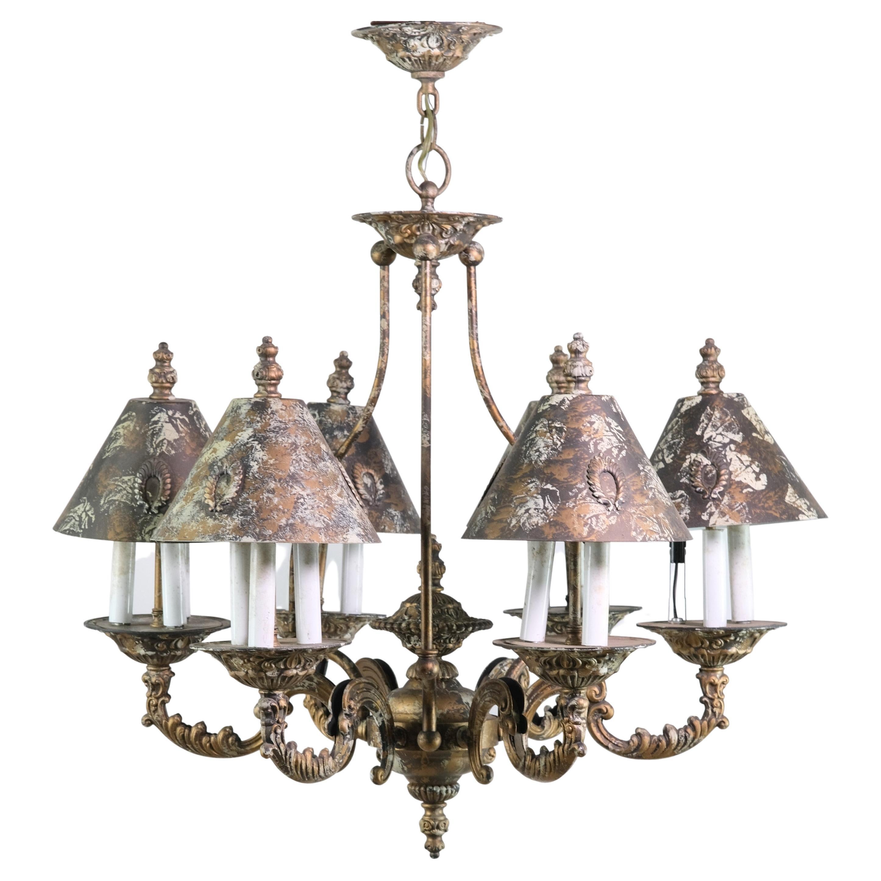 Tudor Style Bronze Chandelier w Shades 6 Arms 18 Lights
