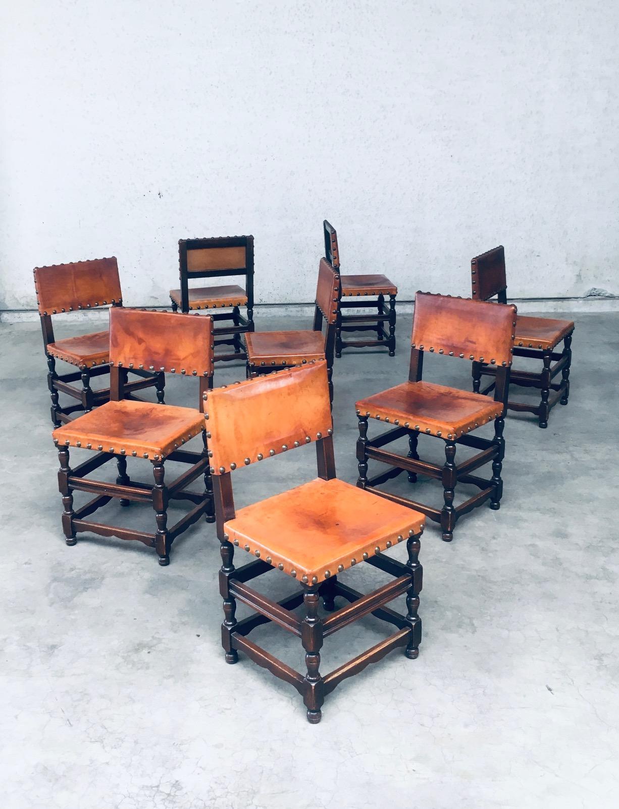 Mid-20th Century Tudor Style Cromwelian Design Leather Dining Chair set, England 1940's For Sale