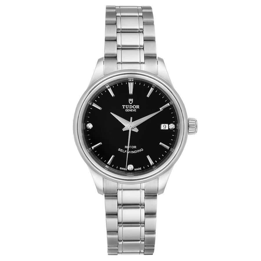 Tudor Style Date Black Dial Diamond Steel Ladies Watch M12300 Unworn. Automatic self-winding movement. Stainless steel round case 34.0 mm in diameter. Tudor logo on a crown. Stainless steel smooth bezel. Scratch resistant sapphire crystal. Black