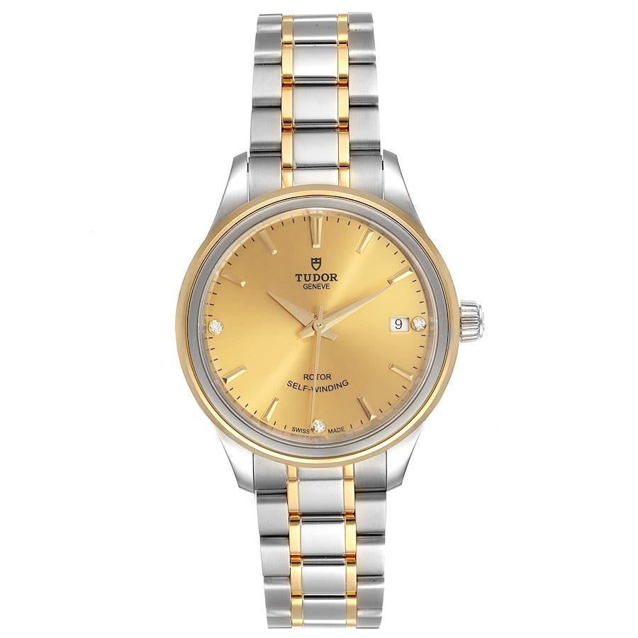 Tudor Style Date Champagne Dial Diamond Steel Ladies Watch M12303 Unworn. Automatic self-winding movement. Stainless steel round case 34.0 mm in diameter. Tudor logo on a crown. 18k yellow gold smooth bezel. Scratch resistant sapphire crystal.