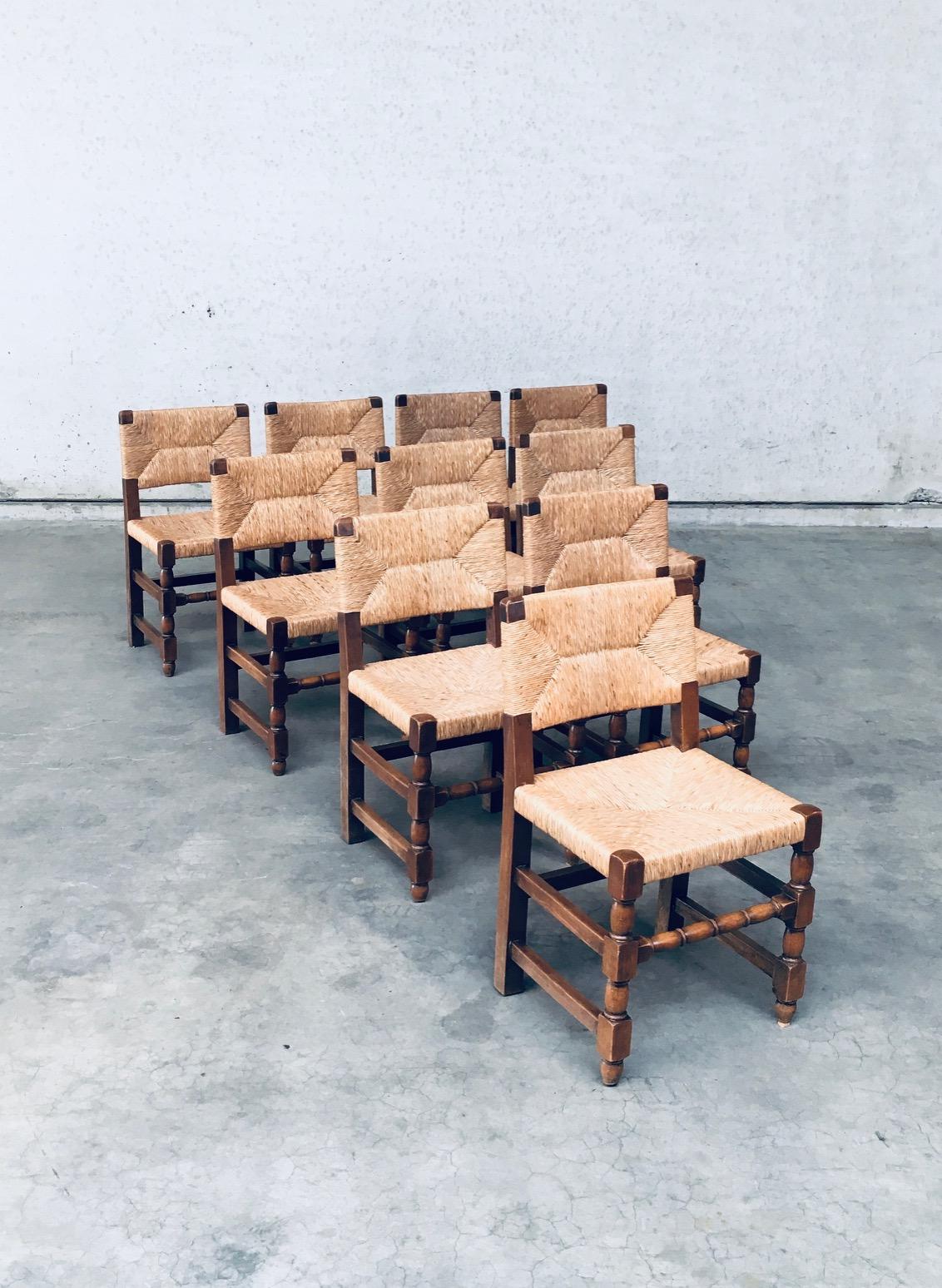 Rustic Tudor Style Design Oak & Rush Dining Chair set, Belgium 1930's