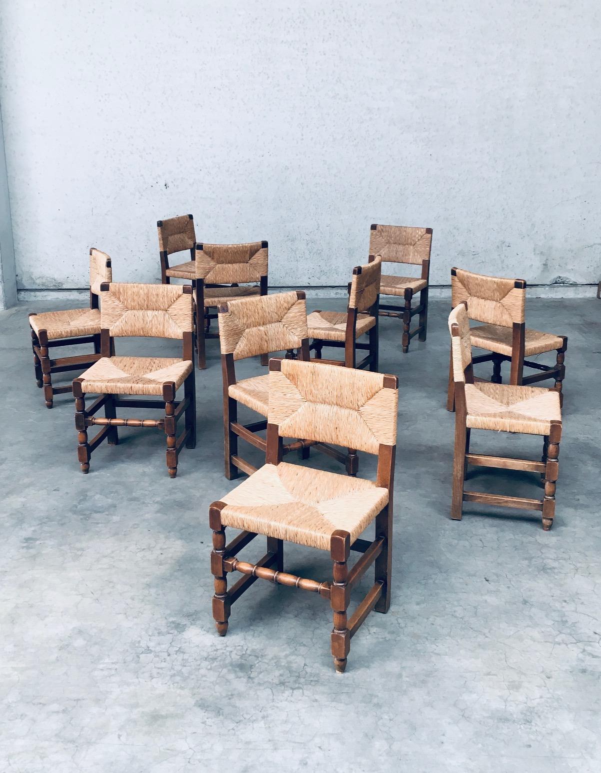 Mid-20th Century Tudor Style Design Oak & Rush Dining Chair set, Belgium 1930's