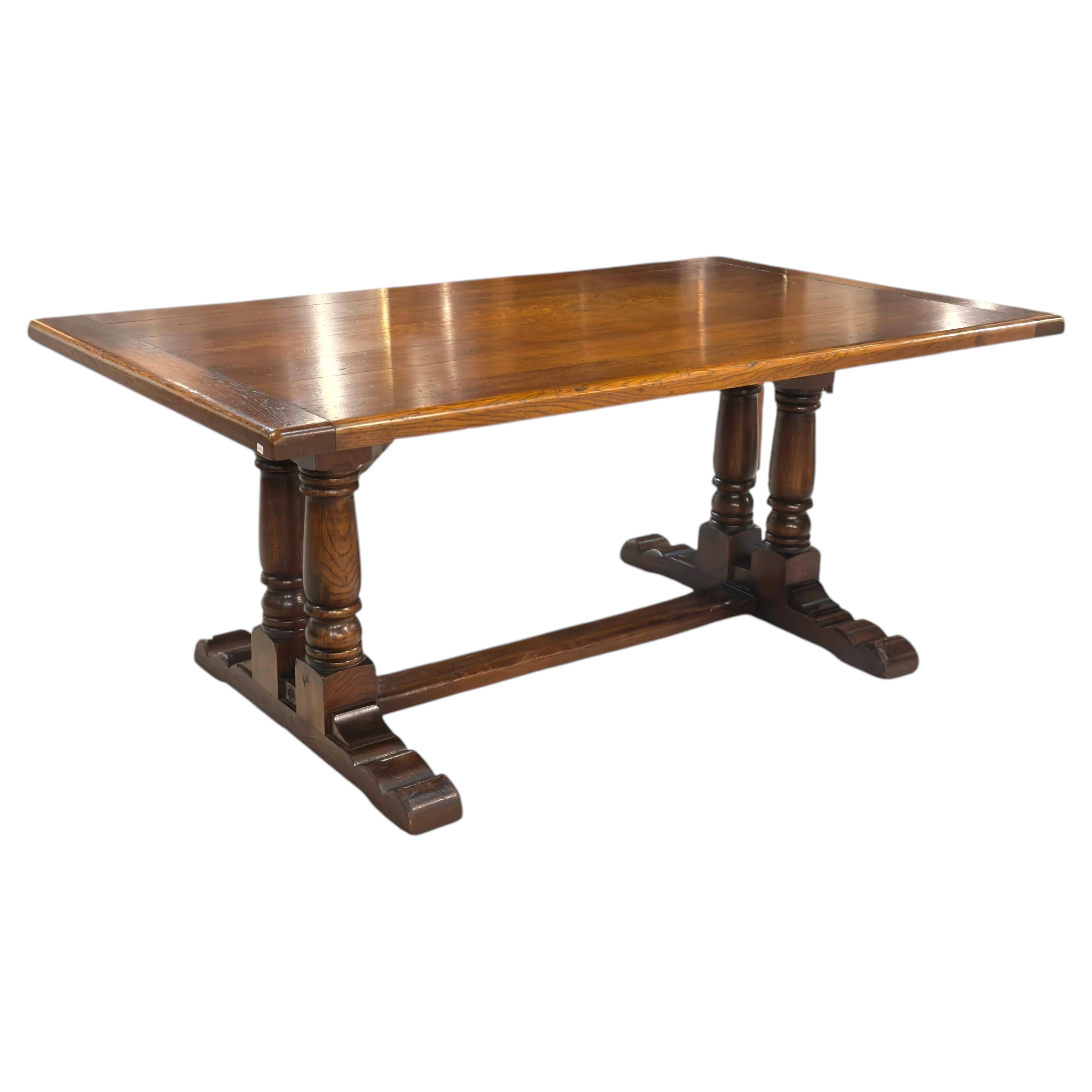 Tudor Style English Oak Trestle Dining Table, 20th Century