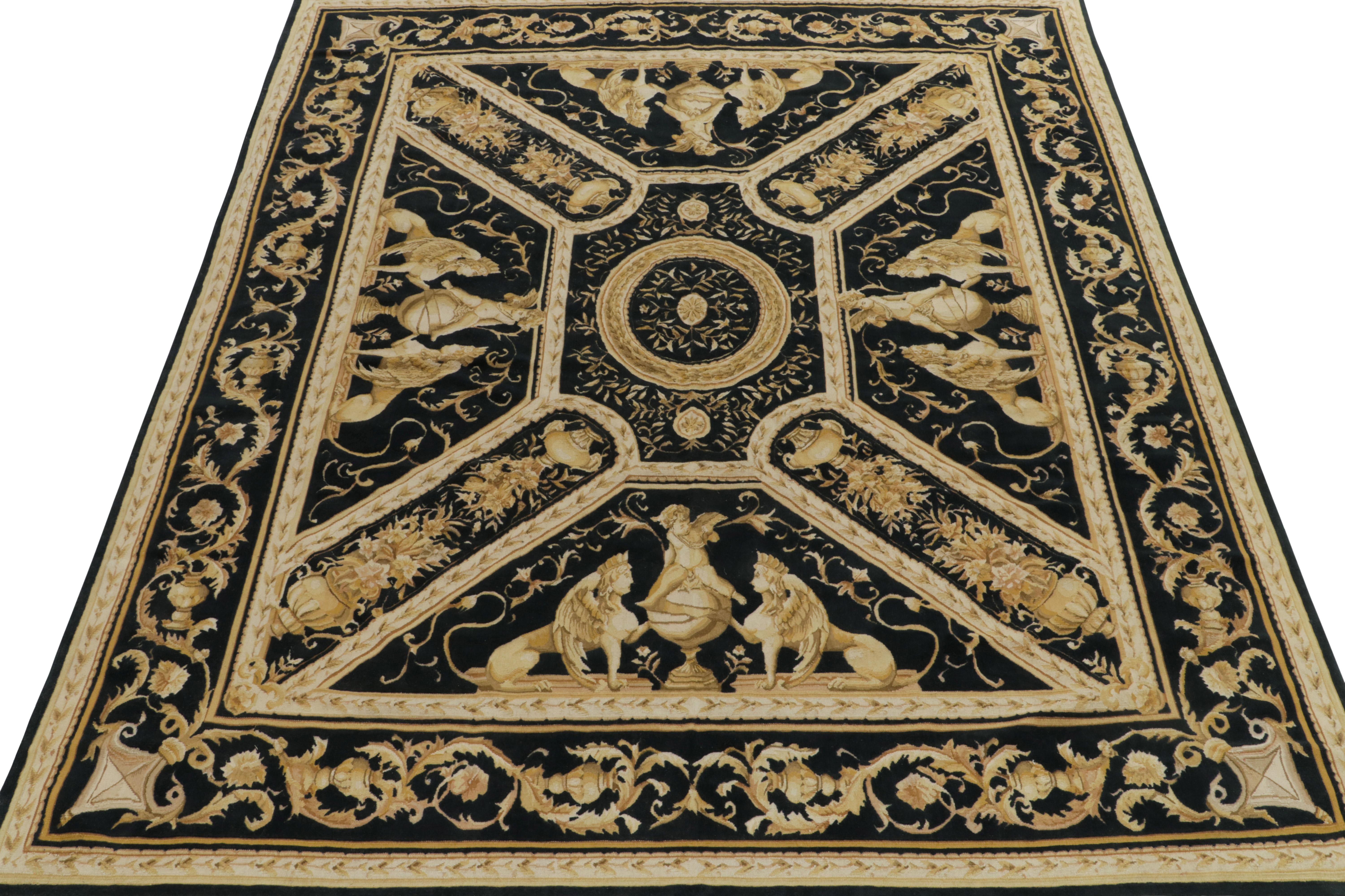 From Rug & Kilim’s European collection, an 8x10 Tudor style flatweave with medallions & pictorial patterns in regal black, gold & off white. Handwoven in wool, a fine weave with coarse & durable additions in a subtle high low texture well suited for