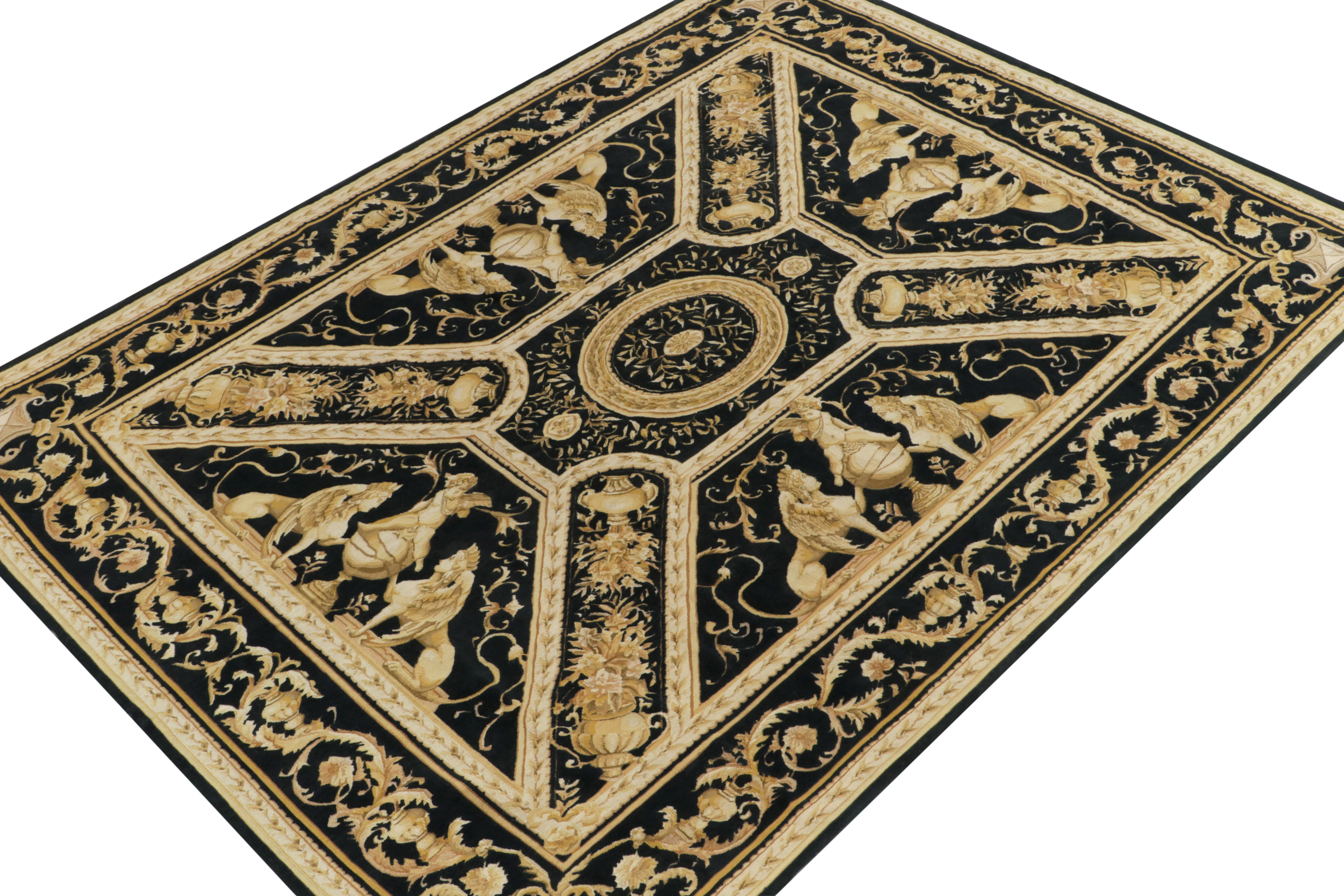 Chinese Rug & Kilim's Tudor Style Flatweave Rug in Black, Gold & White Medallion Pattern For Sale