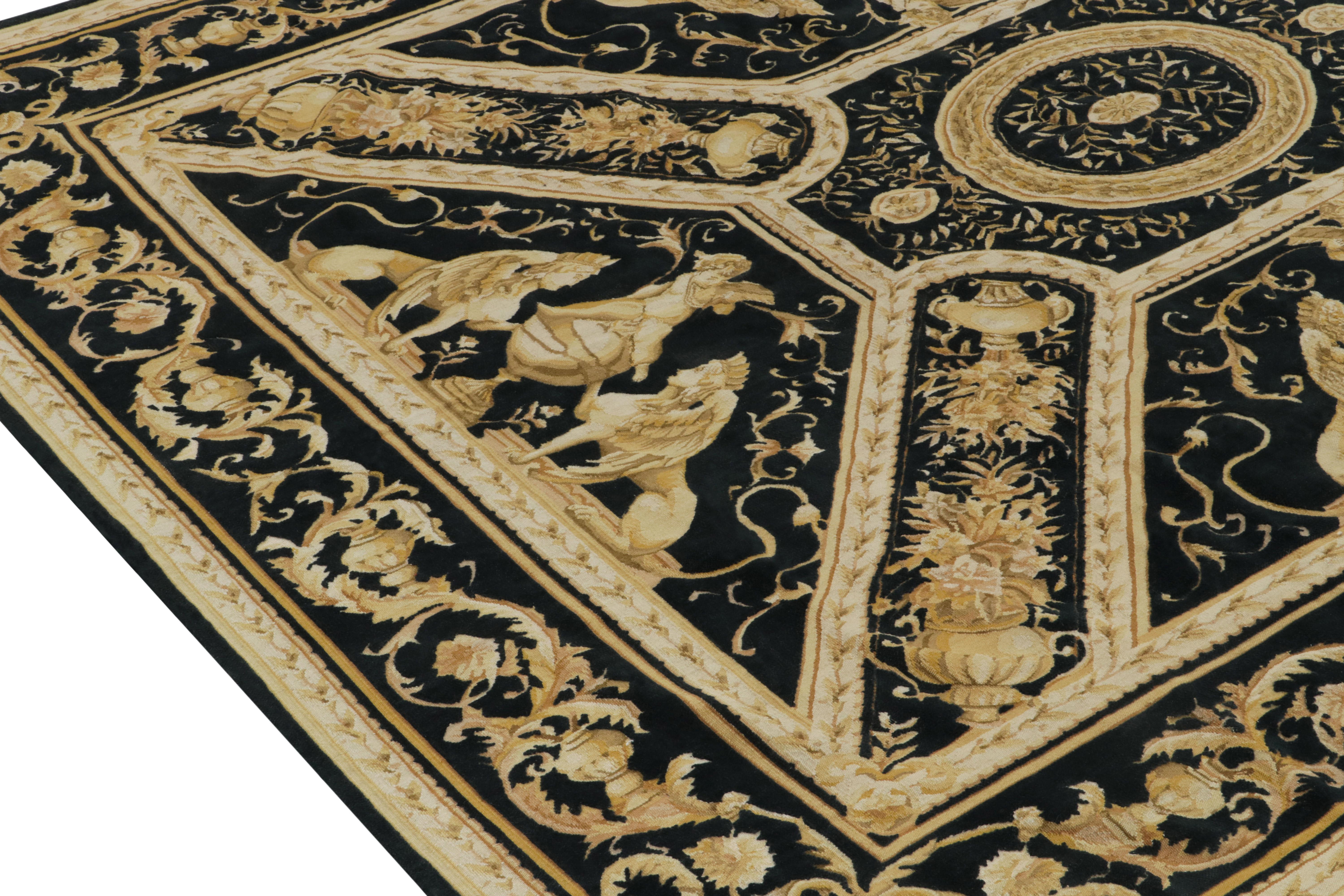 Contemporary Rug & Kilim's Tudor Style Flatweave Rug in Black, Gold & White Medallion Pattern For Sale