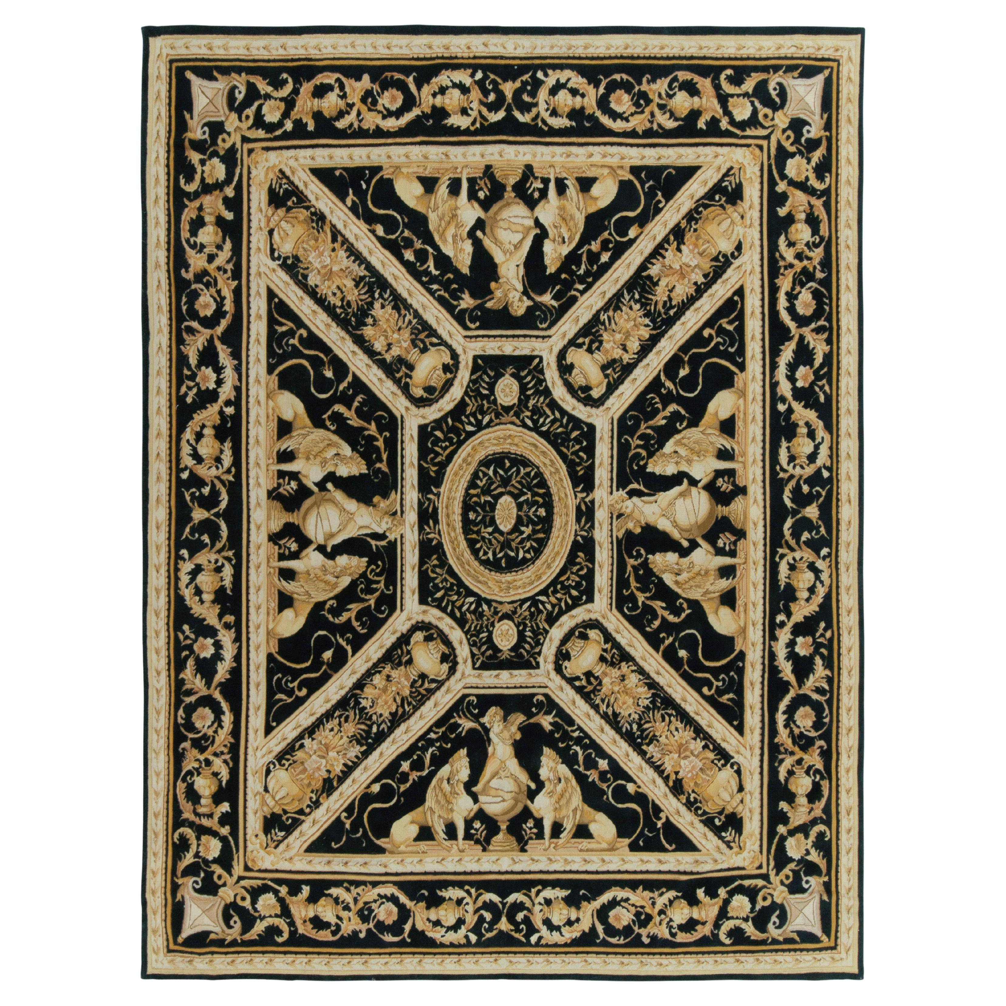 Flachgewebter Teppich im Tudor-Stil aus Teppich und Kelim in Schwarz, Gold und Weiß mit Medaillonmuster im Angebot