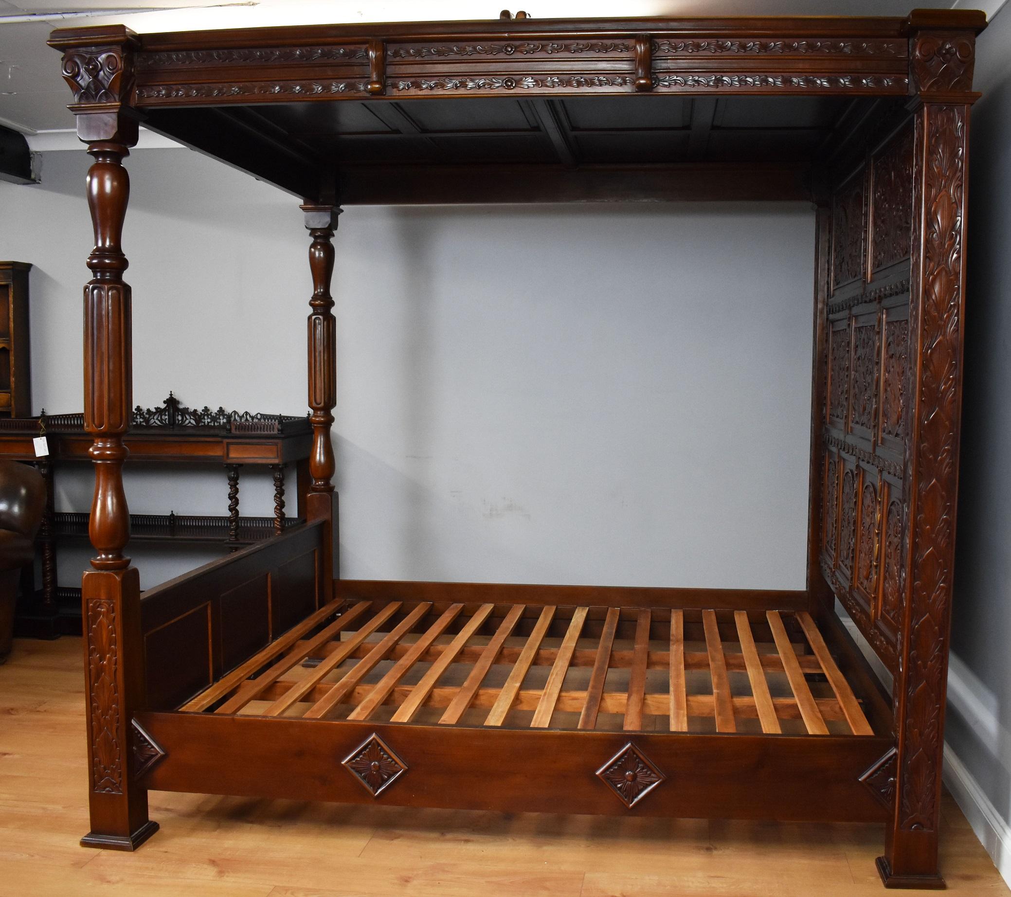 Tudor style mahogany super king size four poster bed in very good condition, with a very nice carved headboard with carved detail to sides and foot board with turned columns to the front. The bed is easily assembled and dismantled.

Overall