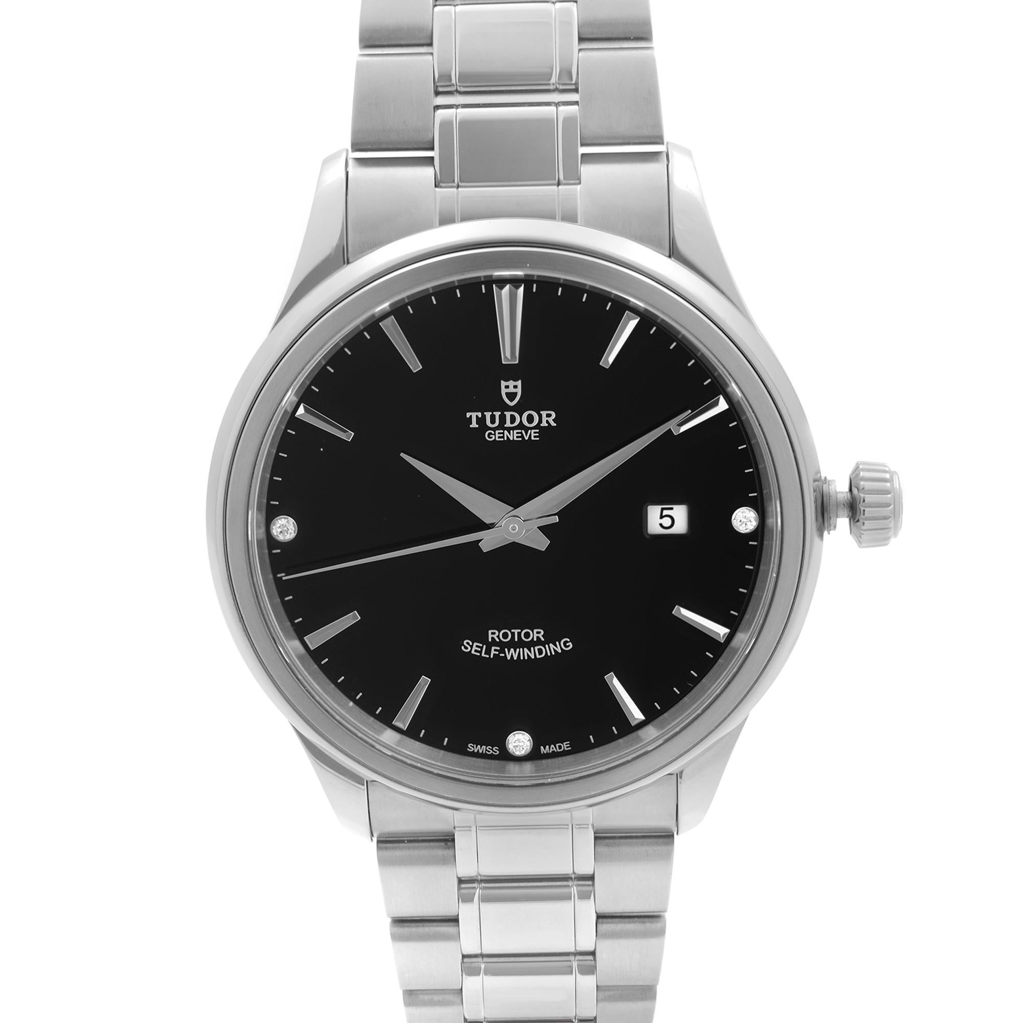 Pre-owned Tudor Style Stainless Steel Black Diamond Dial Automatic Mens Watch M12700-0004. This Beautiful Timepiece is Powered by Mechanical (Automatic) Movement And Features: Round Stainless Steele Case And Bracelet, Fixed Stainless Steel Bezel,