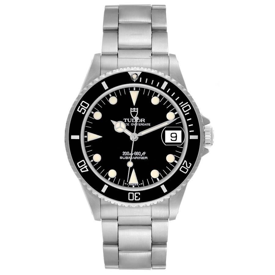 Tudor Submariner Prince Date Black Dial Steel Mens Watch 75090. Automatic self-winding movement. Stainless steel oyster case 36.0 mm in diameter. Tudor logo on a crown. Stainless steel rotating bezel. Scratch resistant sapphire crystal with cyclops