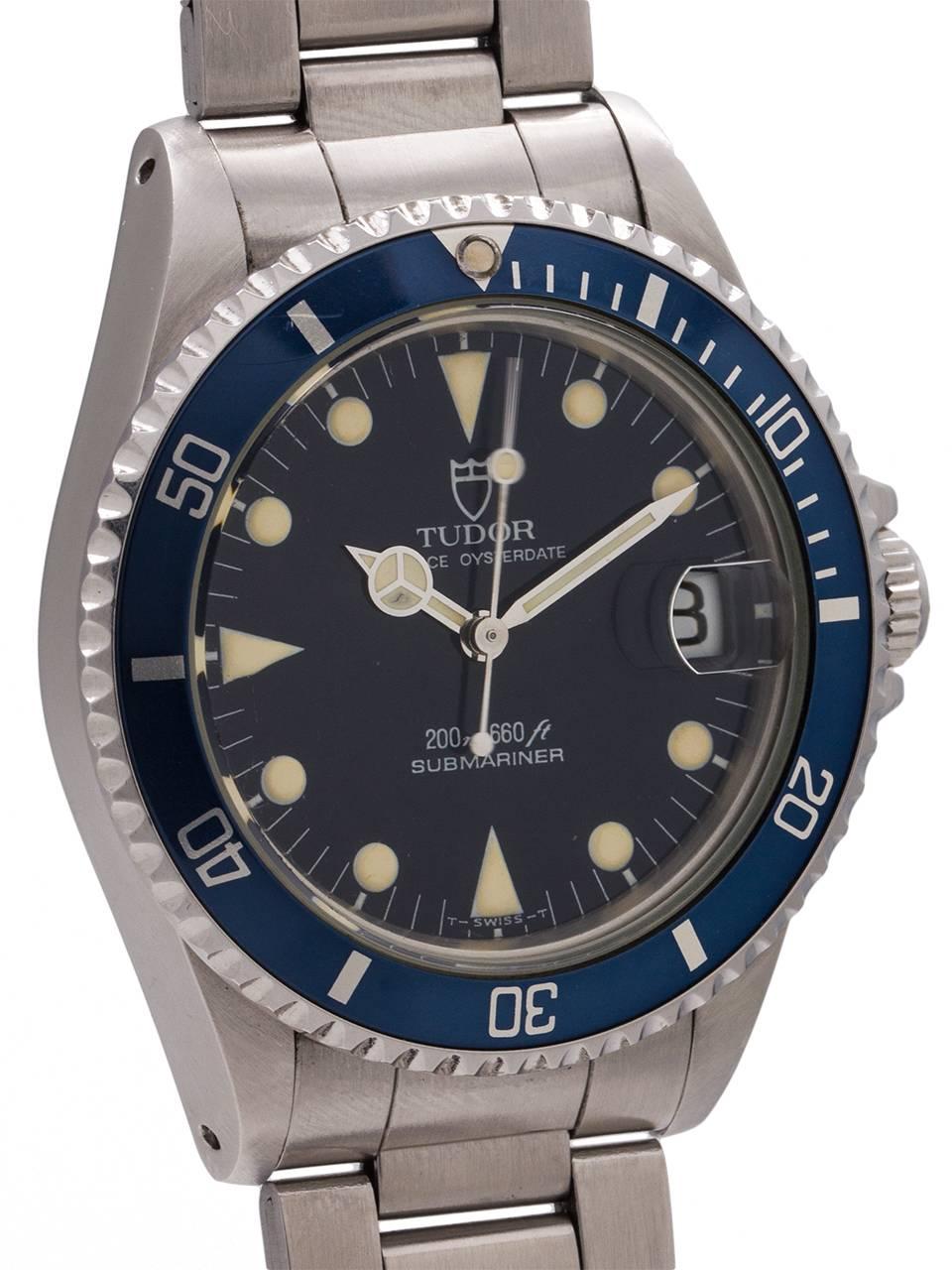 
Tudor Submariner ref 75090 36mm diameter model with sapphire crystal, bi-directional elapsed time navy blue bezel, navy blue original dial signed Tudor Prince Oyster Date, and stamped T SWISS MADE T, for tritium indexes and hands. B4 serial # dates