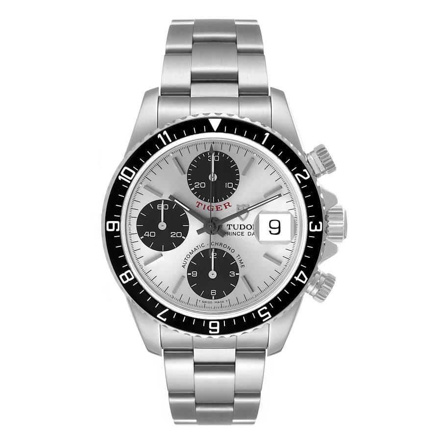 Tudor Tiger Prince Date Chrono Steel Silver Dial Mens Watch 79270 Unworn NOS. Automatic self-winding movement with chronograph function. Stainless steel oyster case 40.0 mm in diameter. Tudor logo on a crown. Black bidirectional rotating bezel.