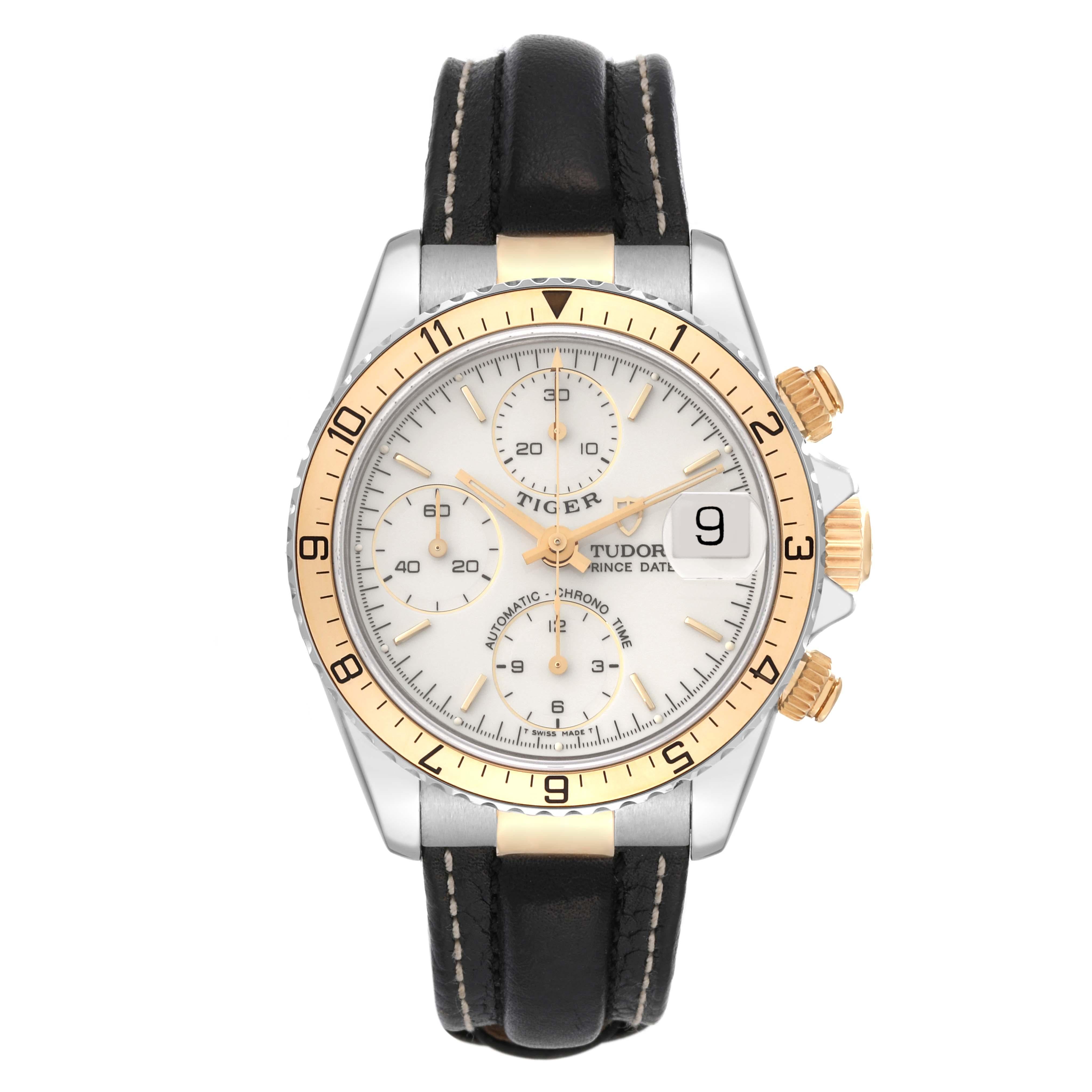 Tudor Tiger Prince Date Steel Yellow Gold Mens Watch 79273 Box Papers. Automatic self-winding movement with chronograph function. Stainless steel oyster case 40.0 mm in diameter. Tudor logo on an 18k yellow gold crown. Stainless steel bidirectional