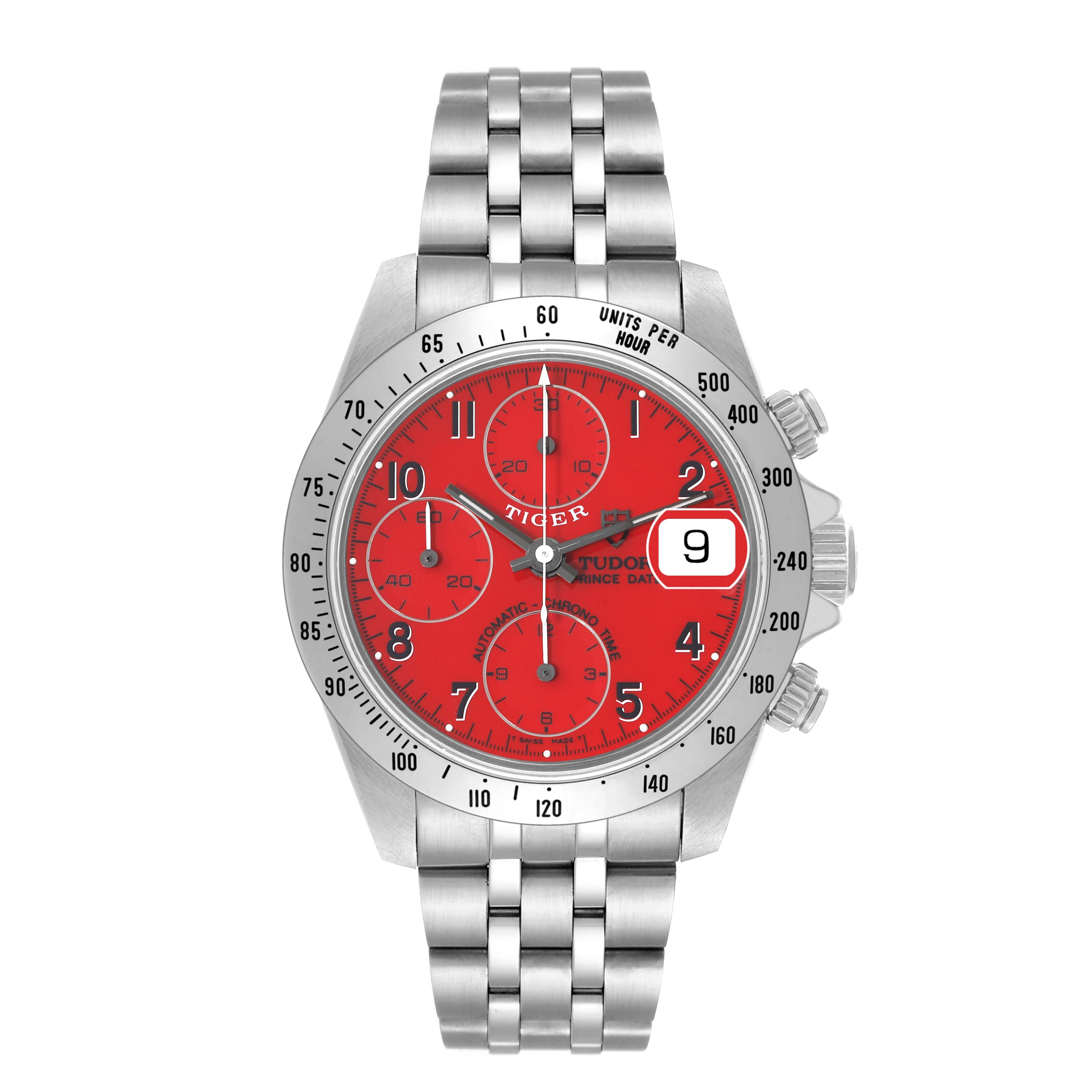 Tudor Tiger Prince Red Dial Chronograph Steel Mens Watch 79280 Box Papers. Automatic self-winding movement with chronograph function. Stainless steel oyster case 40.0 mm in diameter. Tudor logo on a crown. Stainless steel tachometer bezel. Scratch