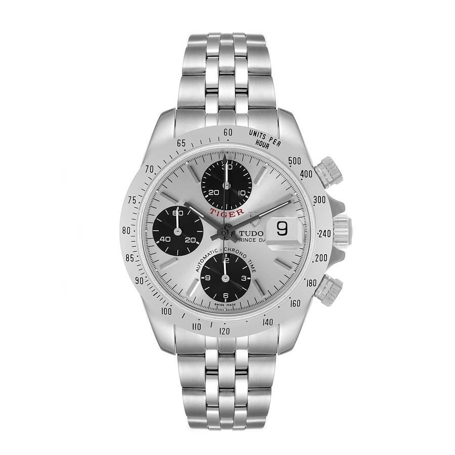 Tudor Tiger Prince Silver Dial Chronograph Steel Mens Watch 79280 Box Papers. Automatic self-winding movement with chronograph function. Stainless steel oyster case 40.0 mm in diameter. Tudor logo on a crown. Stainless steel tachometer bezel.