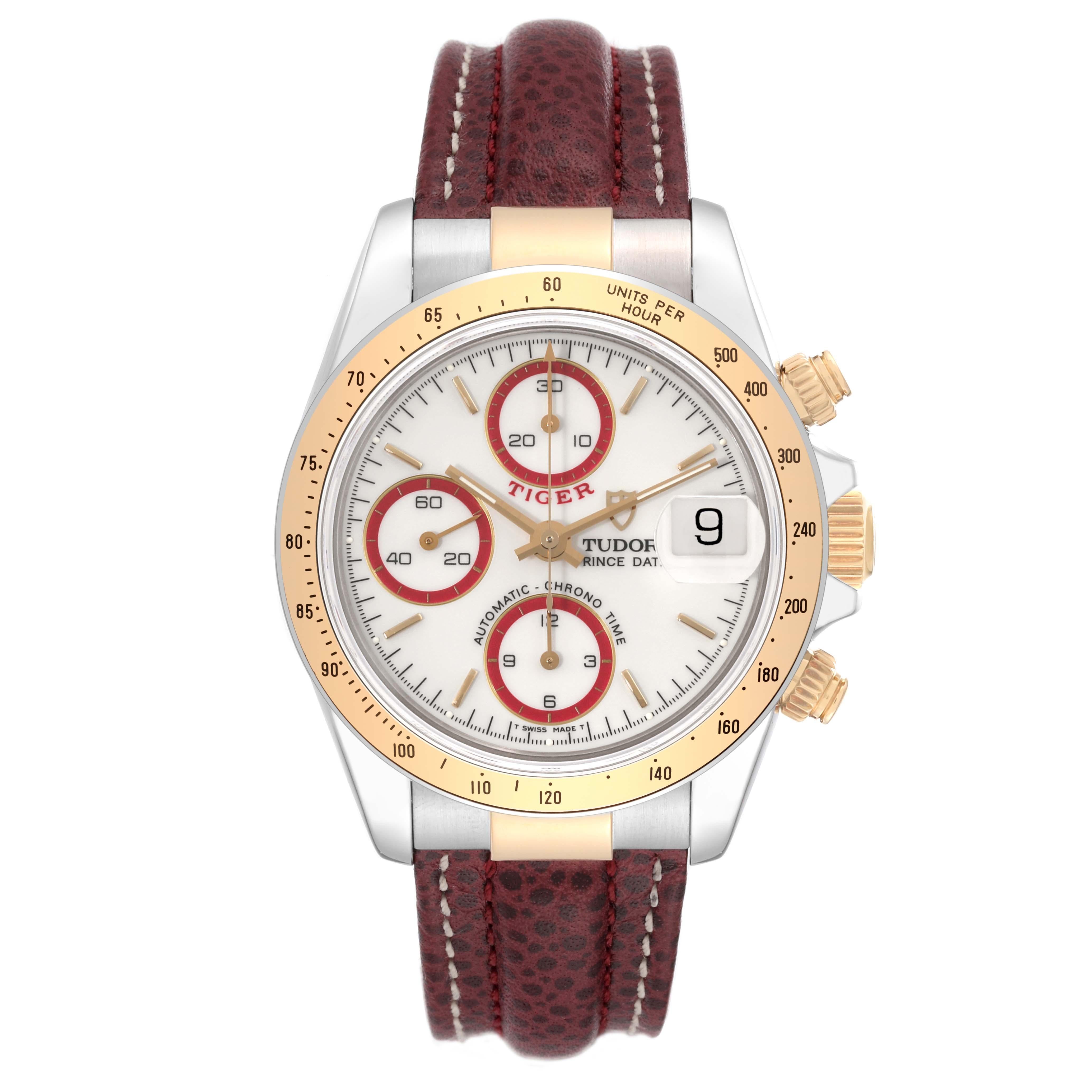 Tudor Tiger White Dial Steel Yellow Gold Mens Watch 79263 Box Papers. Automatic self-winding movement with chronograph function. Stainless steel and 18K yellow gold oyster case 40.0 mm in diameter. Tudor logo on a crown. 18K yellow gold tachometer