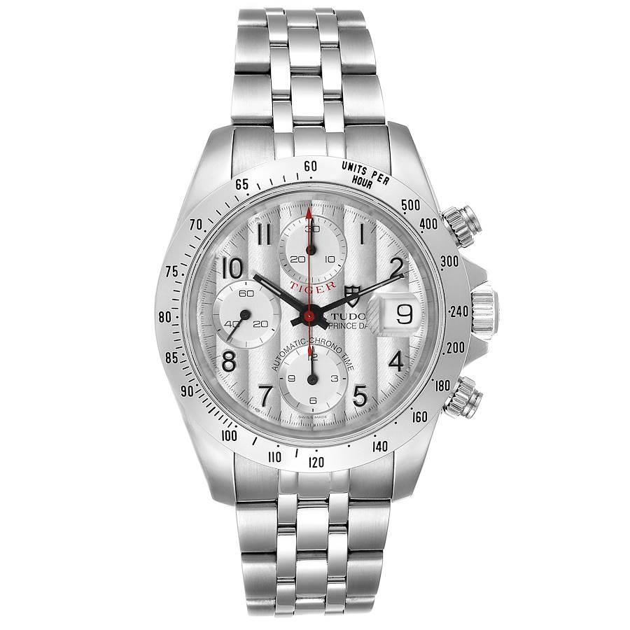Tudor Tiger Woods Chronograph Silver Dial Steel Mens Watch 79280 Box Papers. Automatic self-winding movement with chronograph function. Stainless steel oyster case 40.0 mm in diameter. Tudor logo on a crown. Stainless steel tachometer bezel. Scratch