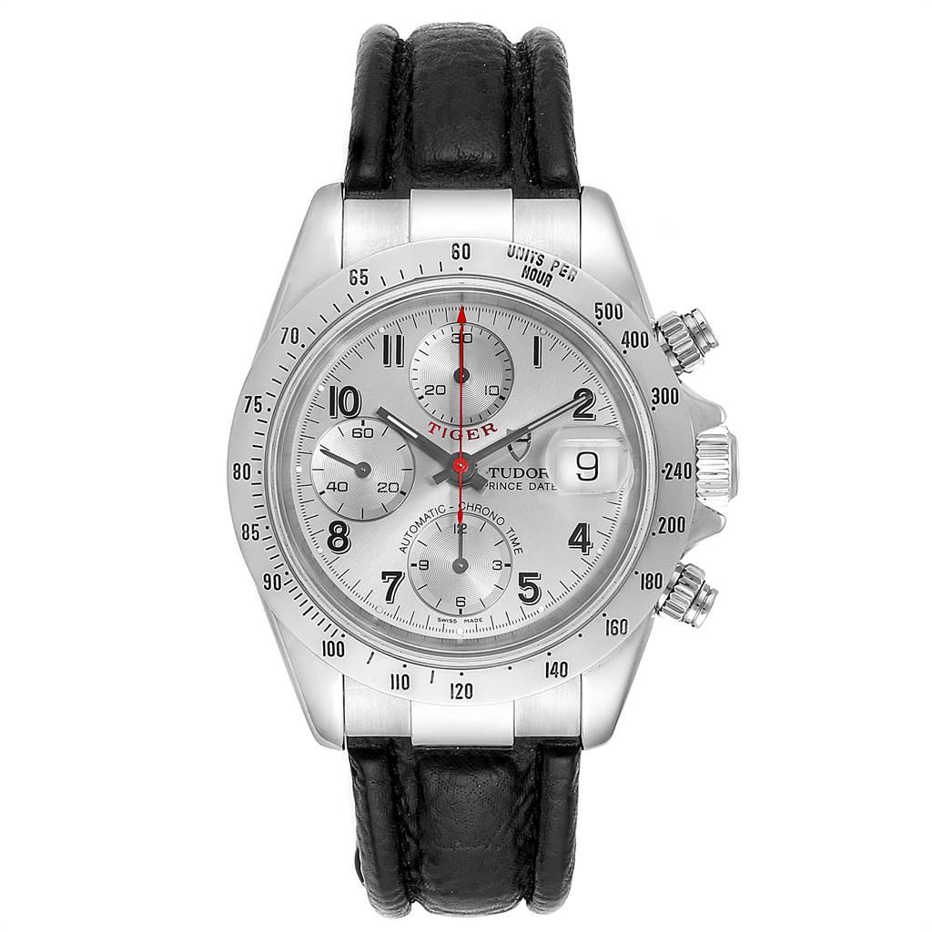 Tudor Tiger Woods Chronograph Silver Dial Steel Mens Watch 79280. Automatic self-winding movement with chronograph function. Stainless steel oyster case 40.0 mm in diameter. Tudor logo on a crown. Stainless steel tachometer bezel. Scratch resistant