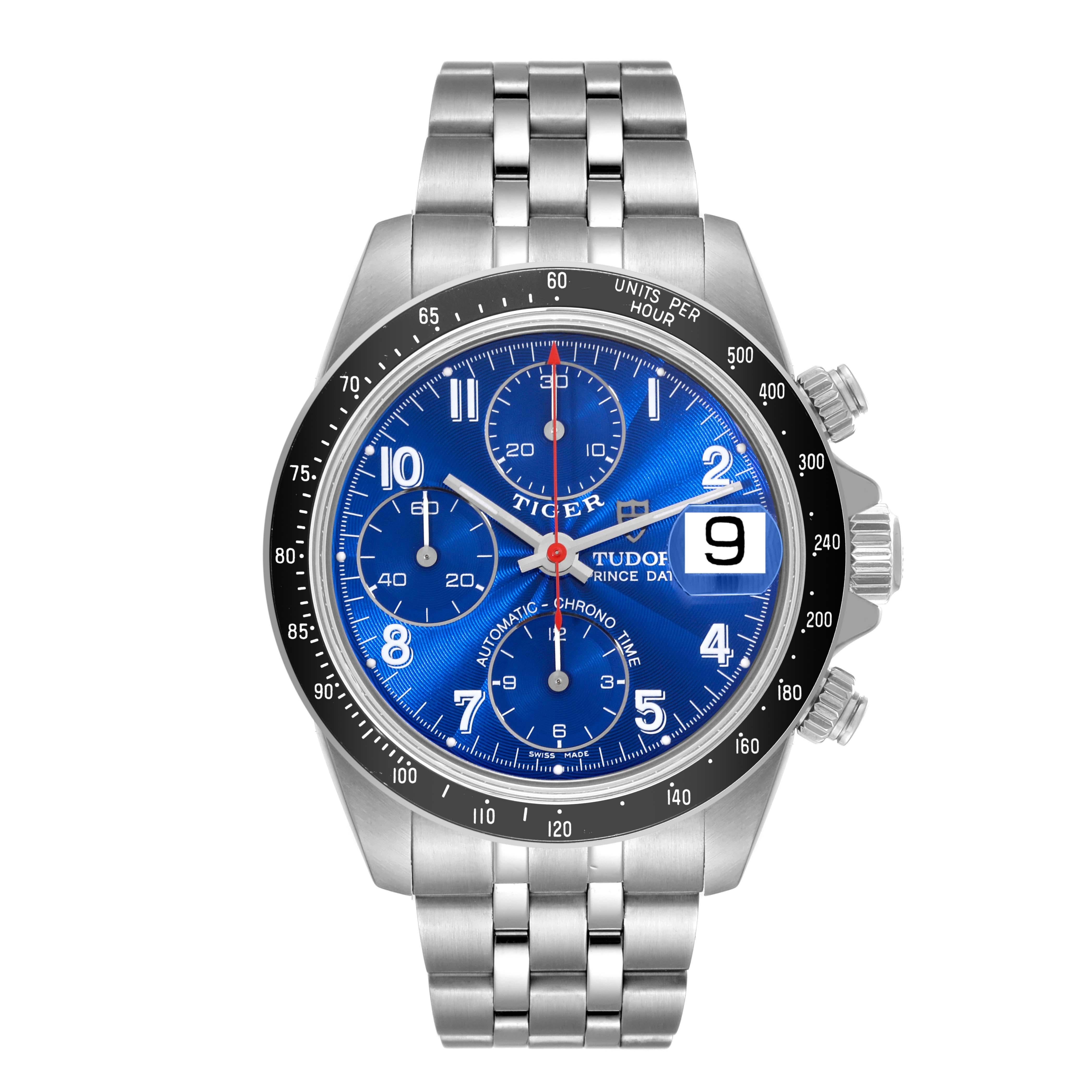 Tudor Tiger Woods Prince Blue Dial Chronograph Steel Mens Watch 79260. Automatic self-winding movement with chronograph function. Stainless steel oyster case 40.0 mm in diameter. Tudor logo on a crown. Black tachometer bezel. Scratch resistant