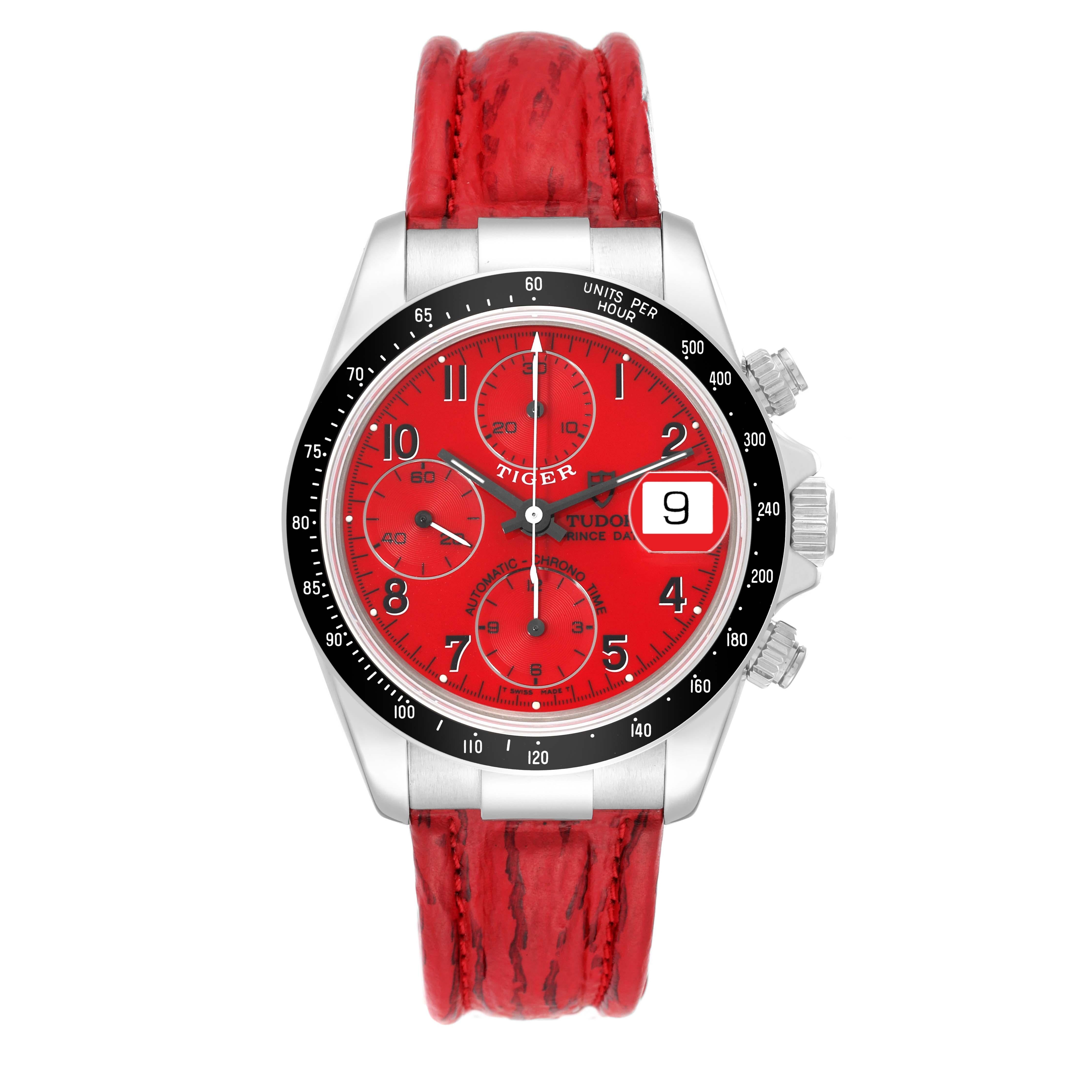 Tudor Tiger Woods Prince Date Red Dial Leather Strap Steel Mens Watch 79260. Automatic self-winding movement with chronograph function. Stainless steel oyster case 40.0 mm in diameter. Tudor logo on the crown. Black tachymeter bezel. Scratch