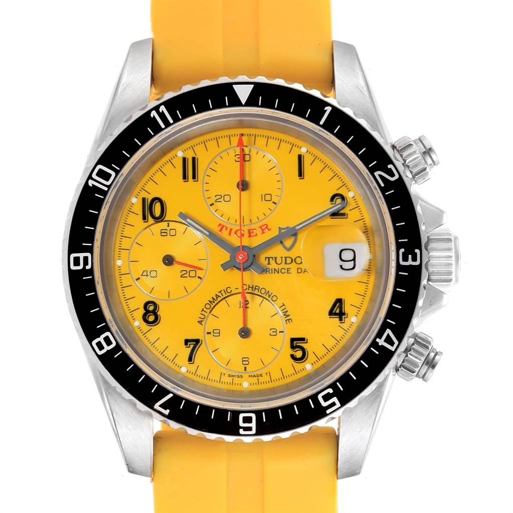 Tudor Tiger Woods Prince Date Yellow Dial Leather Strap Mens Watch 79270. Automatic self-winding movement with chronograph function. Stainless steel oyster case 40.0 mm in diameter. Tudor logo on a crown. Black tachometer bezel. Scratch resistant