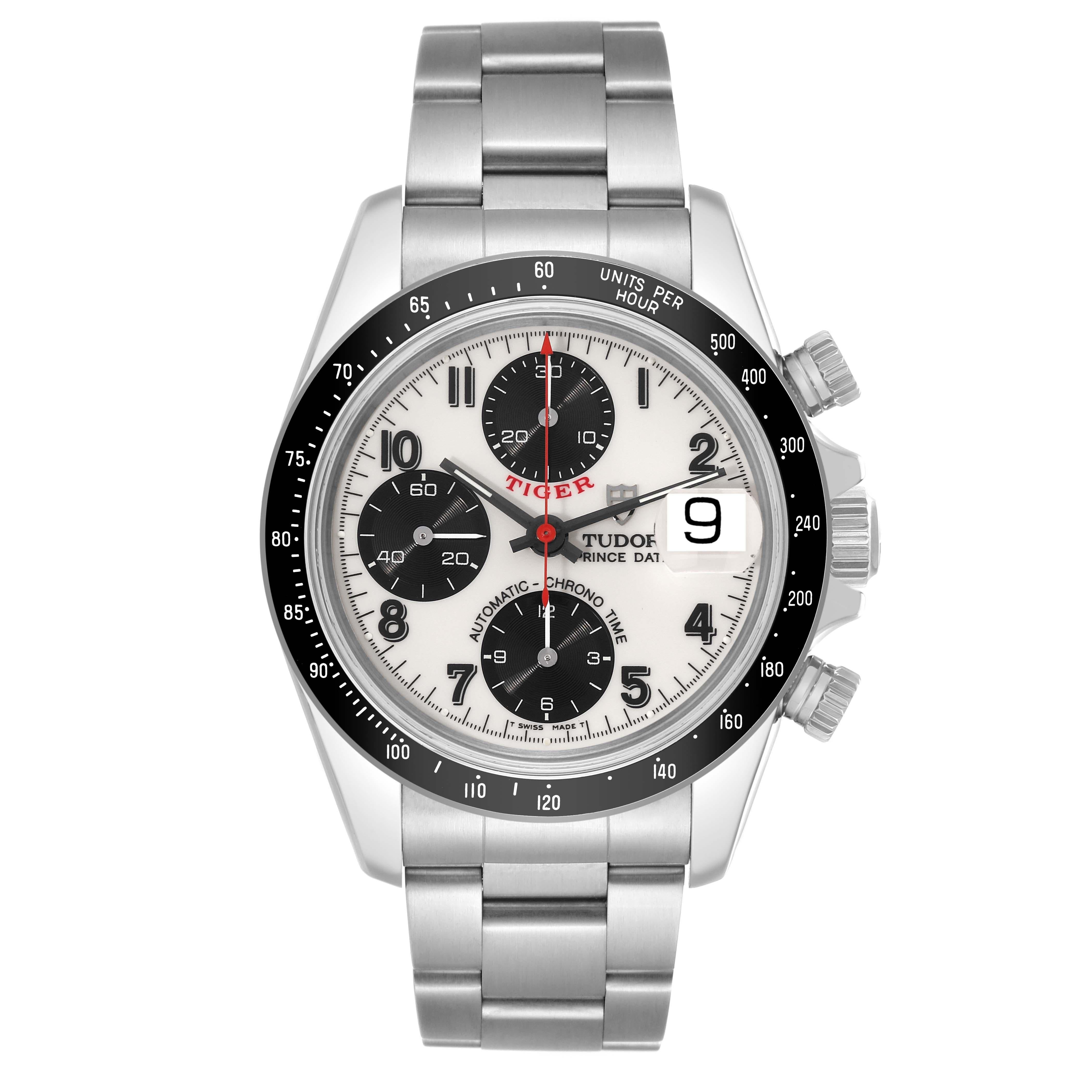 Tudor Tiger Woods Prince White Panda Dial Steel Mens Watch 79260 Box Papers. Automatic self-winding movement with chronograph function. Stainless steel oyster case 40.0 mm in diameter. Tudor logo on a crown. Black tachometer bezel. Scratch resistant
