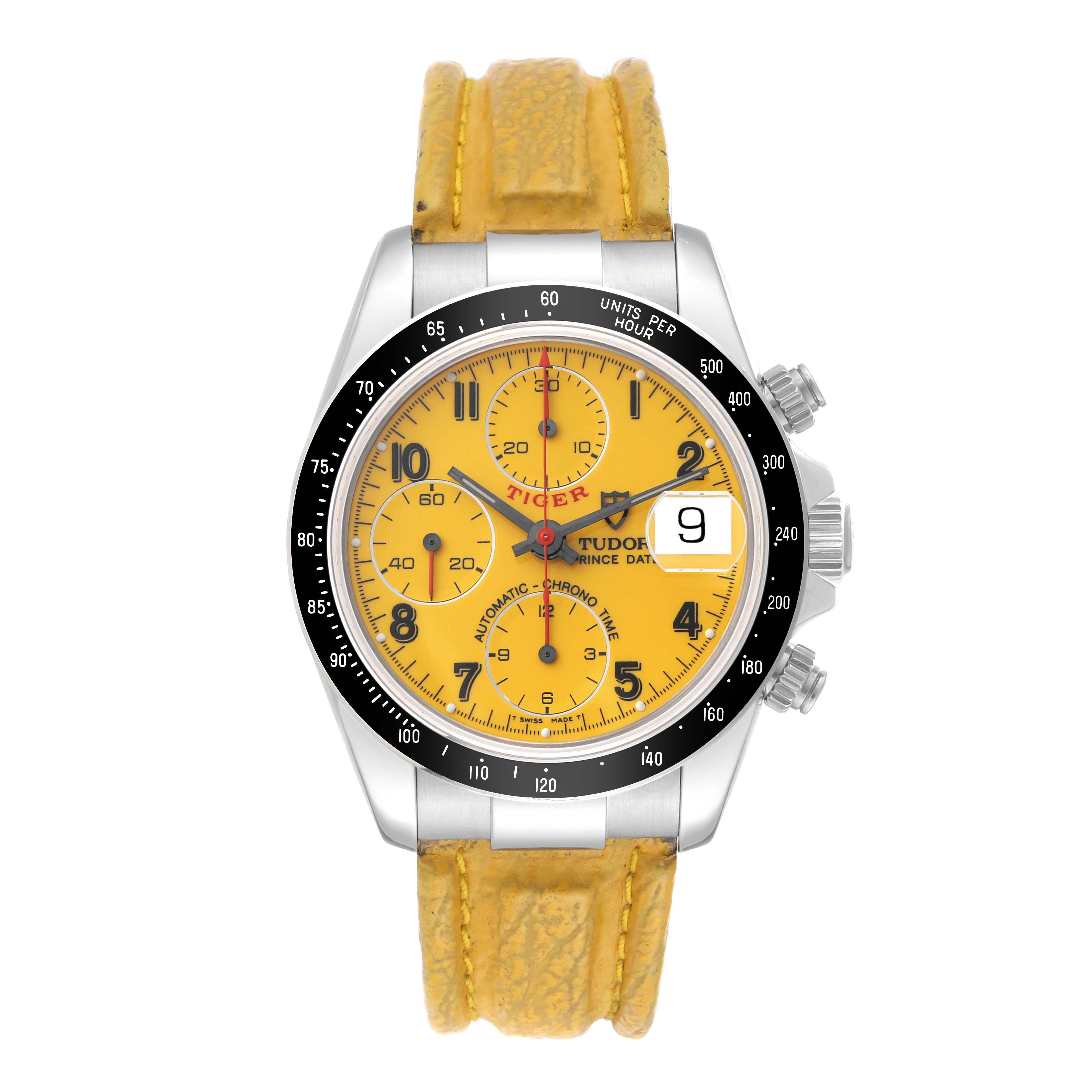 Tudor Tiger Woods Prince Yellow Dial Steel Mens Watch 79260 Box Papers. Automatic self-winding movement with chronograph function. Stainless steel oyster case 40.0 mm in diameter. Tudor logo on a crown. Black tachymeter bezel. Scratch resistant