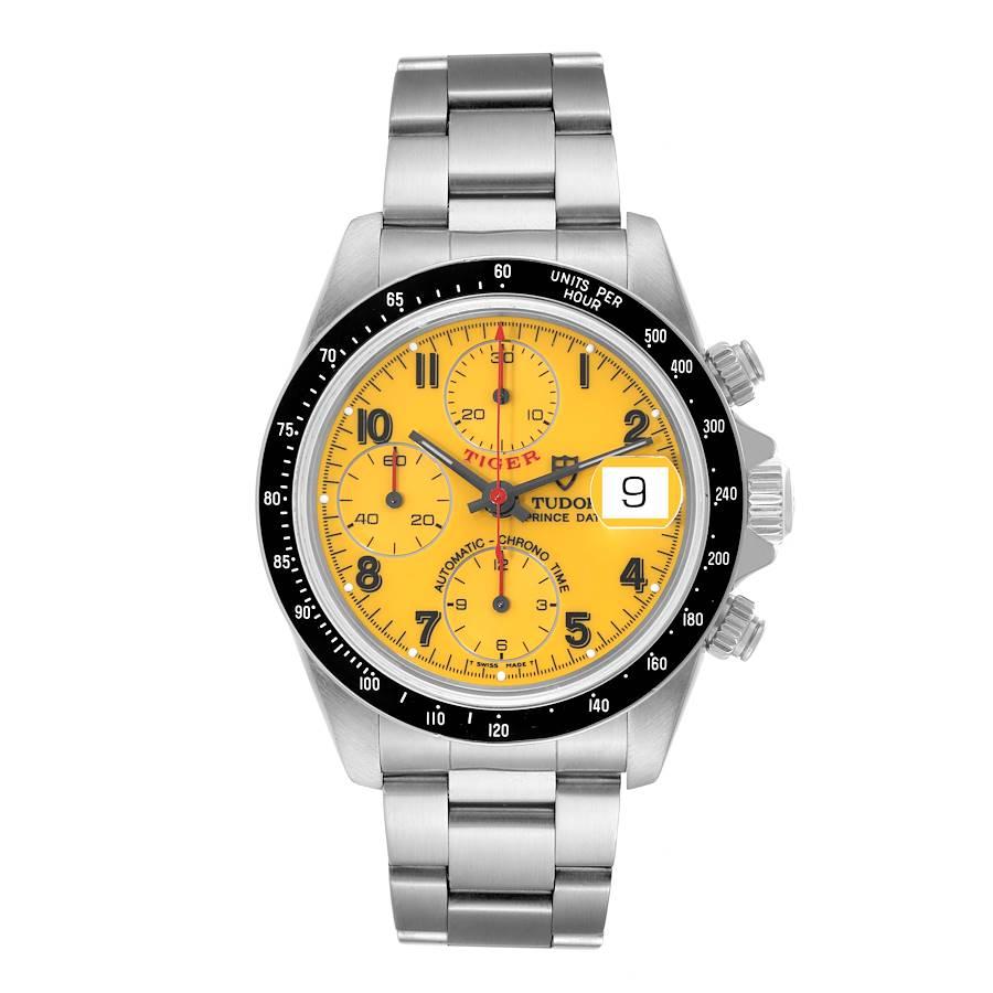 Tudor Tiger Woods Prince Yellow Dial Steel Watch 79260 Box Papers. Automatic self-winding movement with chronograph function. Stainless steel oyster case 40.0 mm in diameter. Tudor logo on a crown. Black tachometer bezel. Black tachometer bezel.