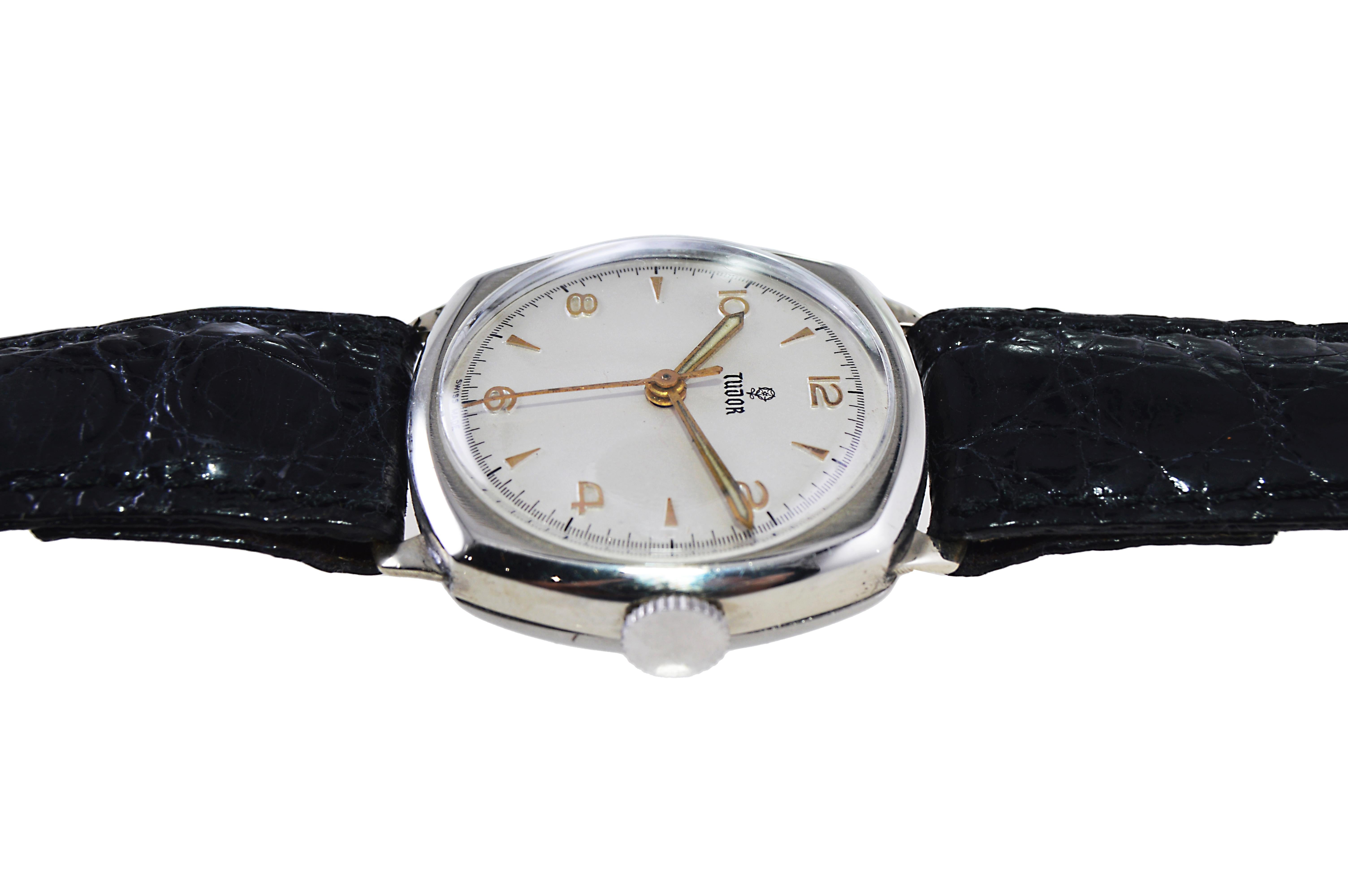Tudor Watch Company by Rolex Nickel Cushion Shaped Watch circa 1940's For Sale 2