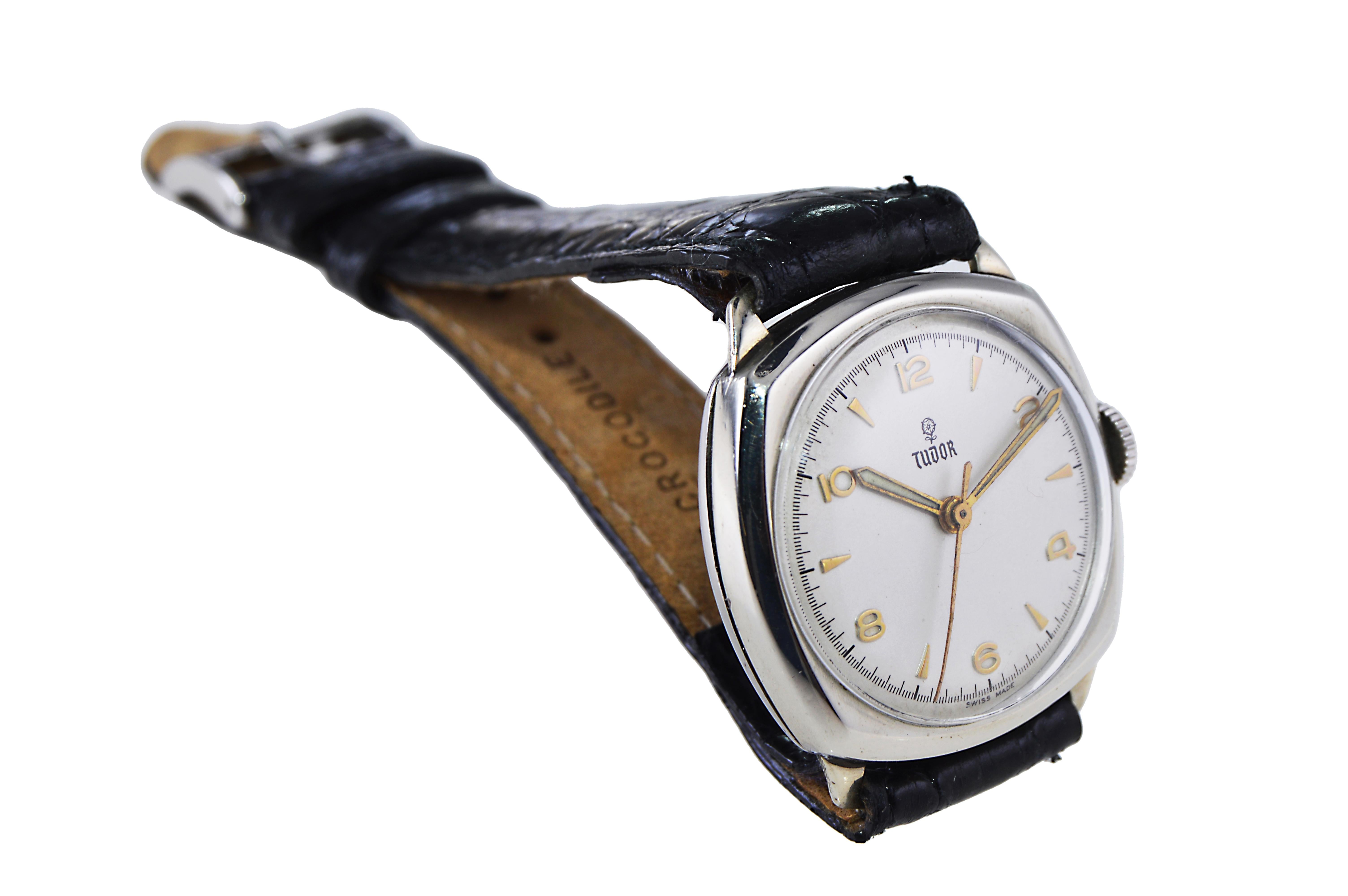 Art Deco Tudor Watch Company by Rolex Nickel Cushion Shaped Watch circa 1940's For Sale