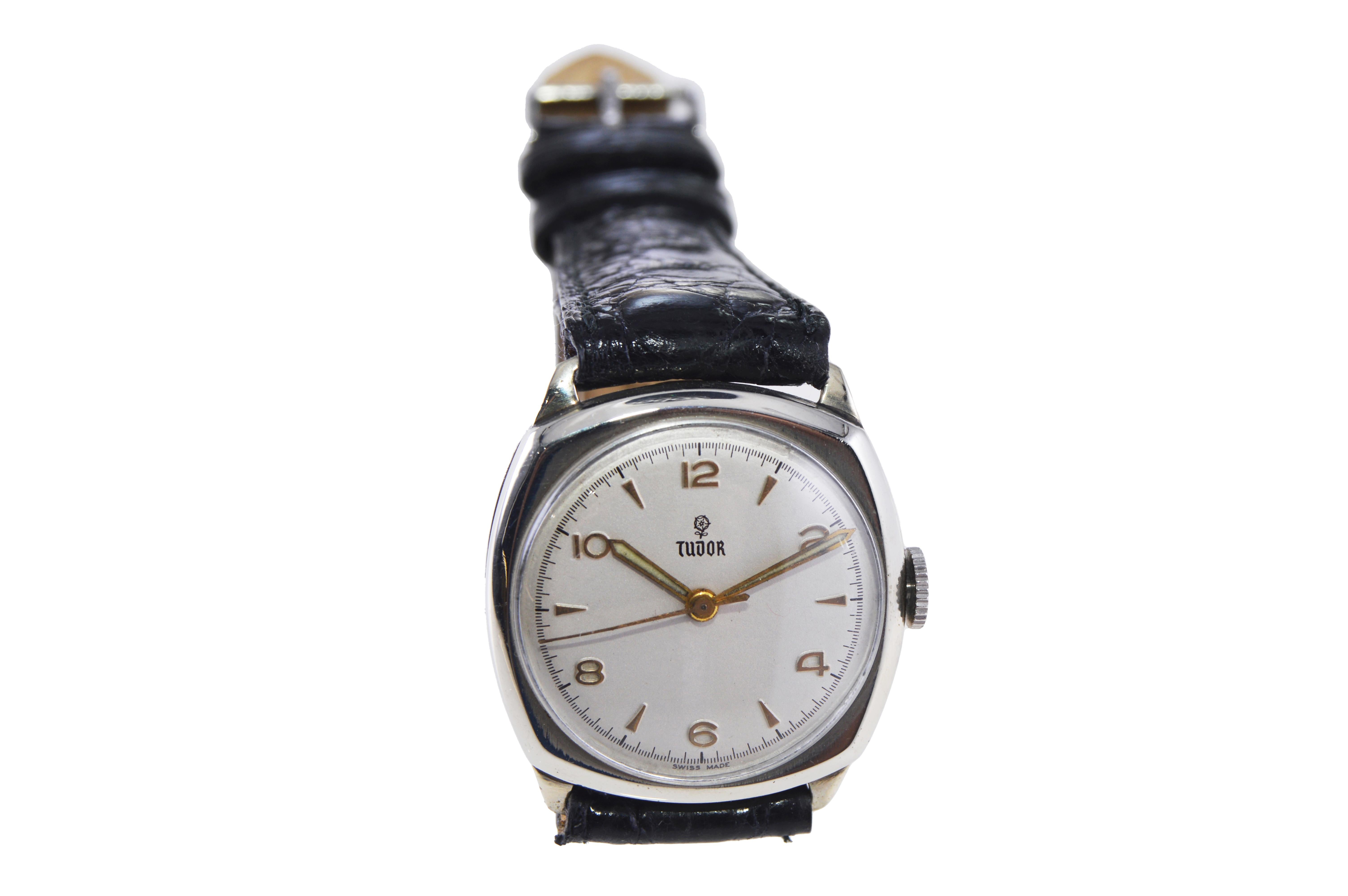 Tudor Watch Company by Rolex Nickel Cushion Shaped Watch circa 1940's In Excellent Condition For Sale In Long Beach, CA