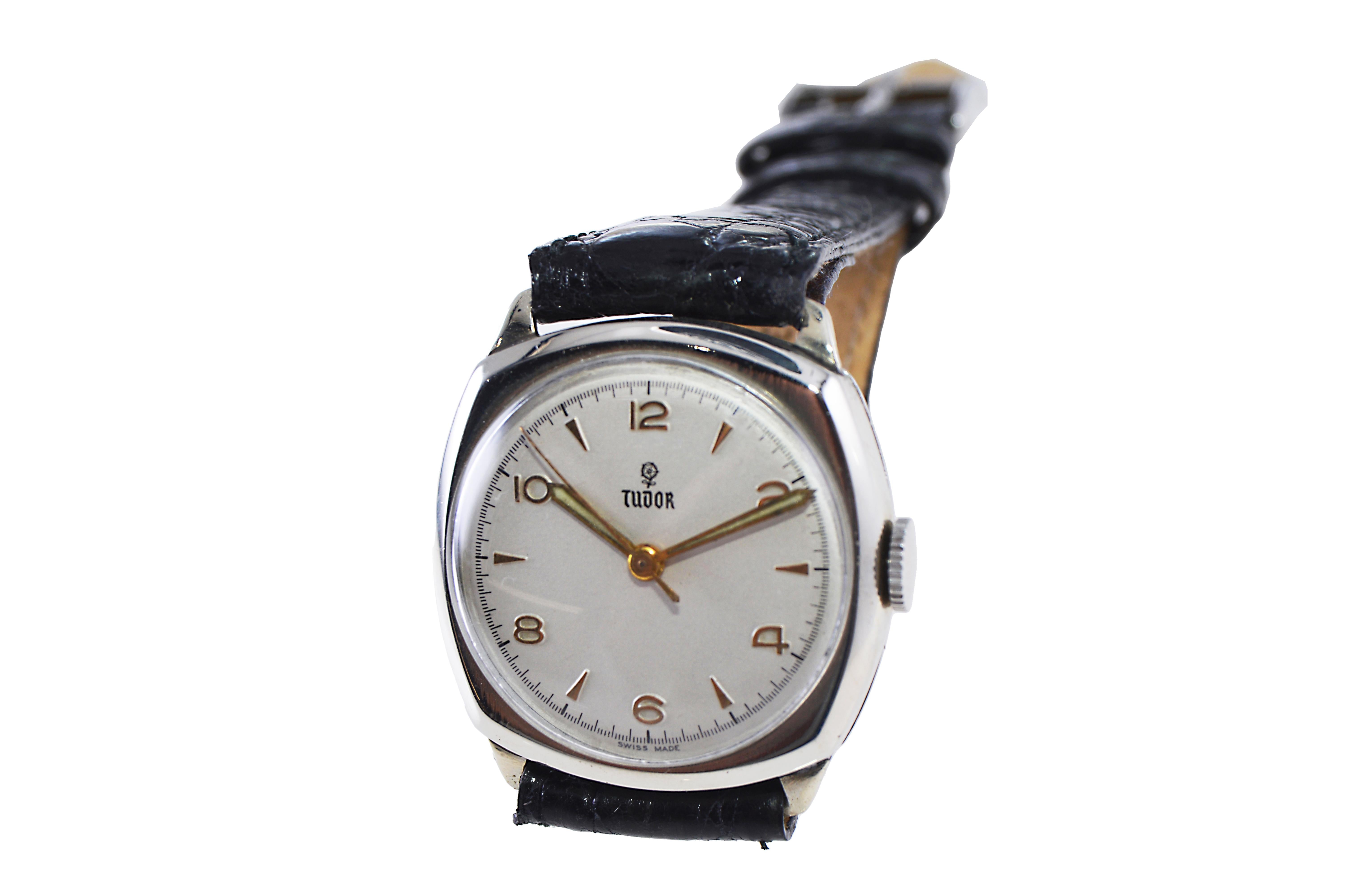 Women's or Men's Tudor Watch Company by Rolex Nickel Cushion Shaped Watch circa 1940's For Sale